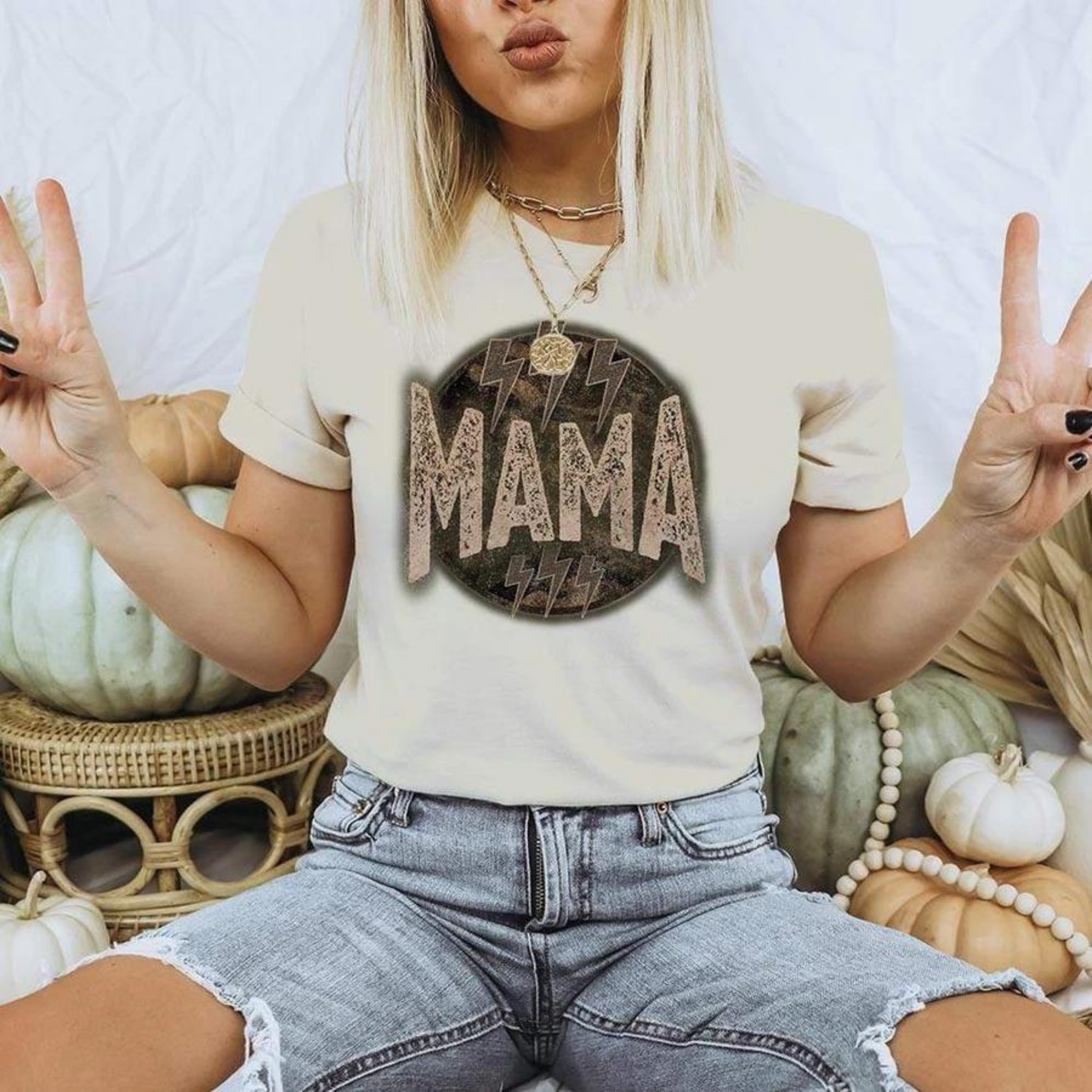 Online Exclusive | Mama Lightning Bolt Short Sleeve Graphic Tee in Cream - Giddy Up Glamour Boutique