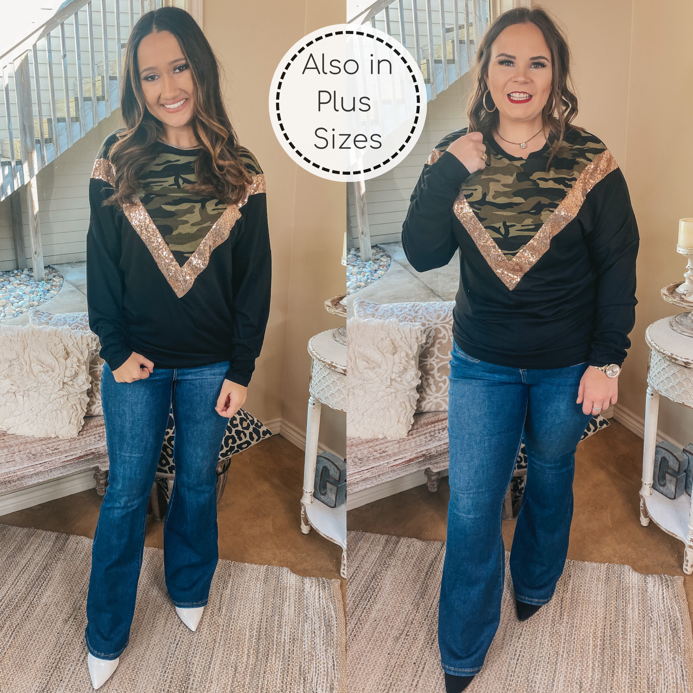 A Sparkly Mindset Camouflage and Sequin Color Block Top in Black