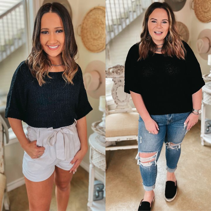 Together Again Short Drop Sleeve Cropped Sweater in Black - Giddy Up Glamour Boutique