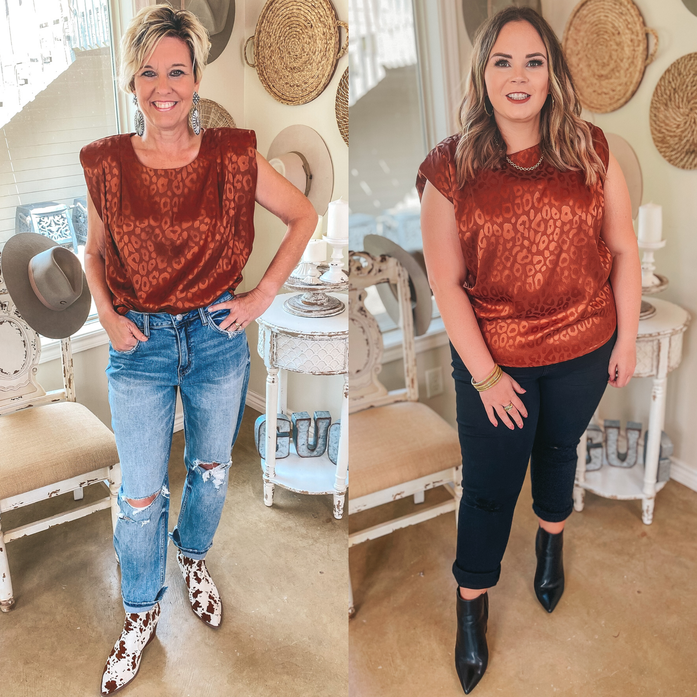 Divine Delights Metallic Leopard Satin Blouse with Shoulder Pads in Rust - Giddy Up Glamour Boutique