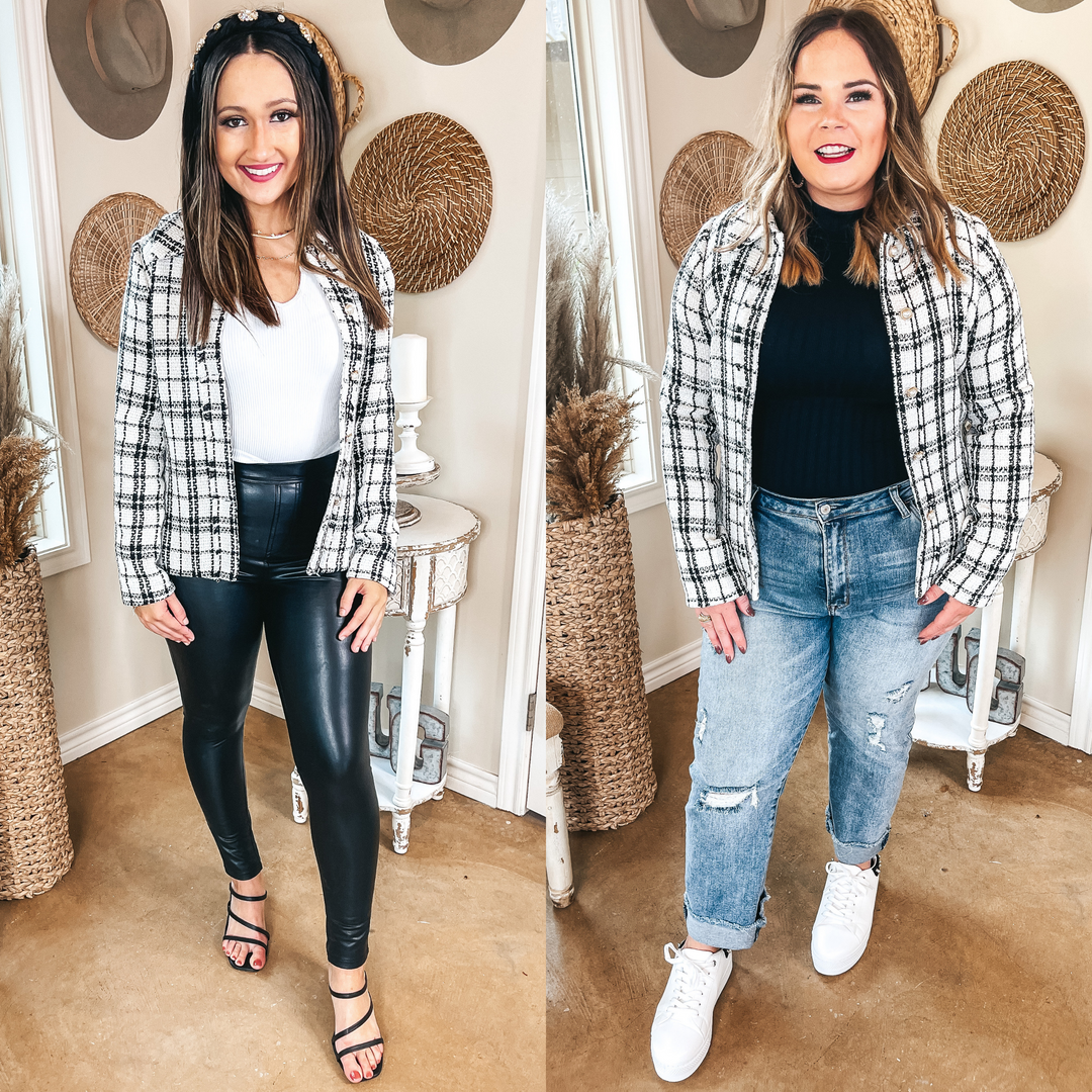 London Bridge Plaid Tweed Blazer in Ivory and Black - Giddy Up Glamour Boutique