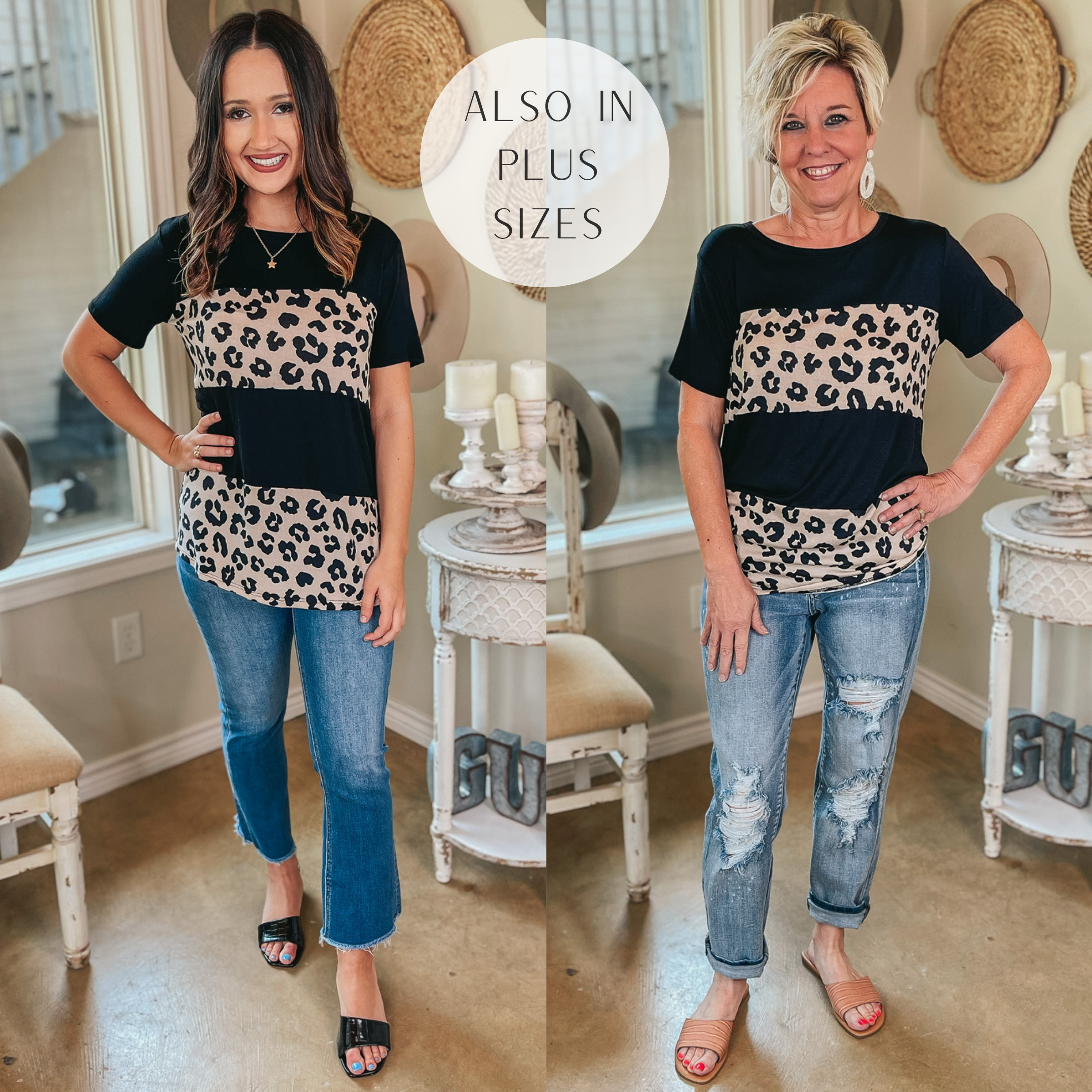 Captured Moments Short Sleeve Leopard Print Block Top in Black - Giddy Up Glamour Boutique