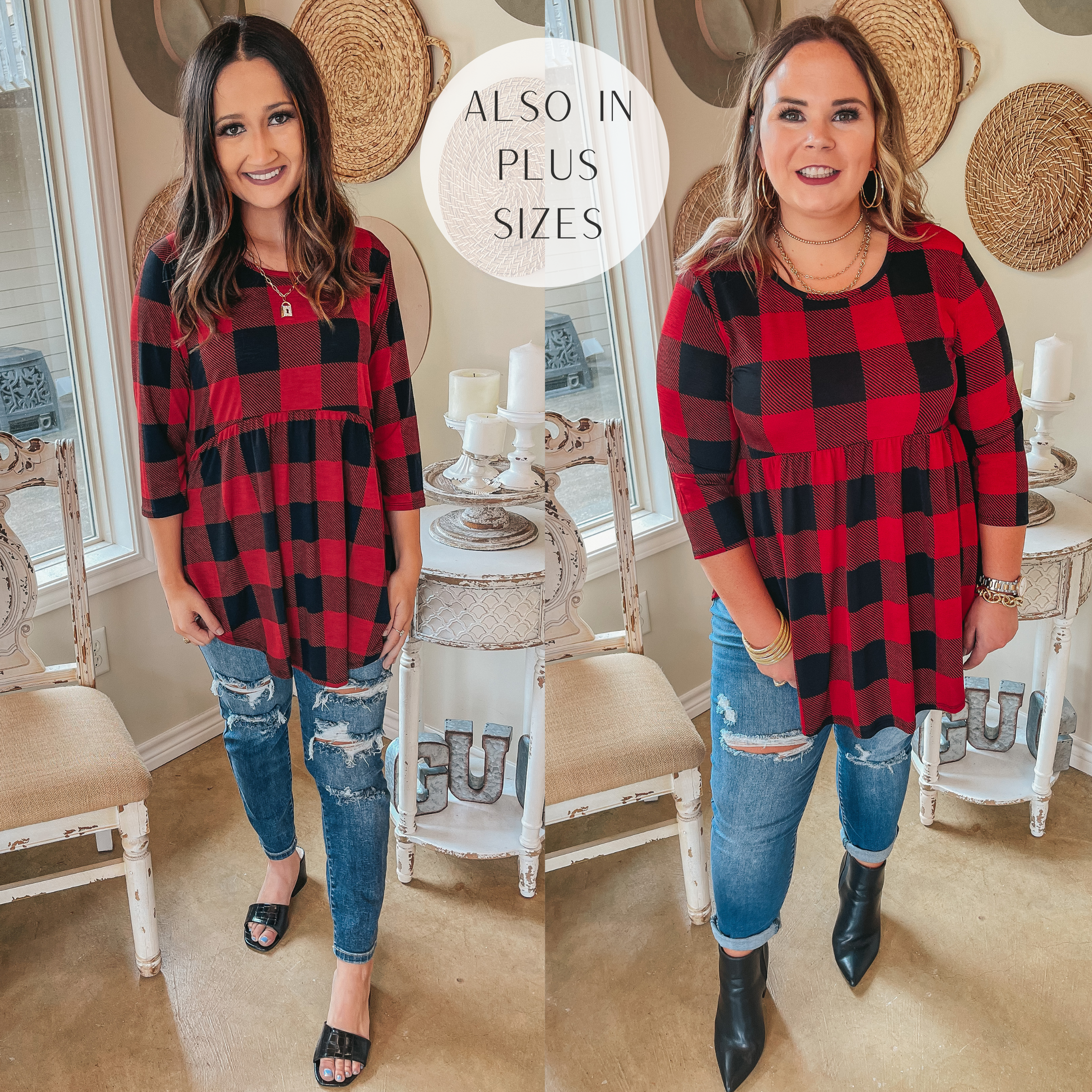 As You Wish Buffalo Plaid Baby Doll Top in Red - Giddy Up Glamour Boutique