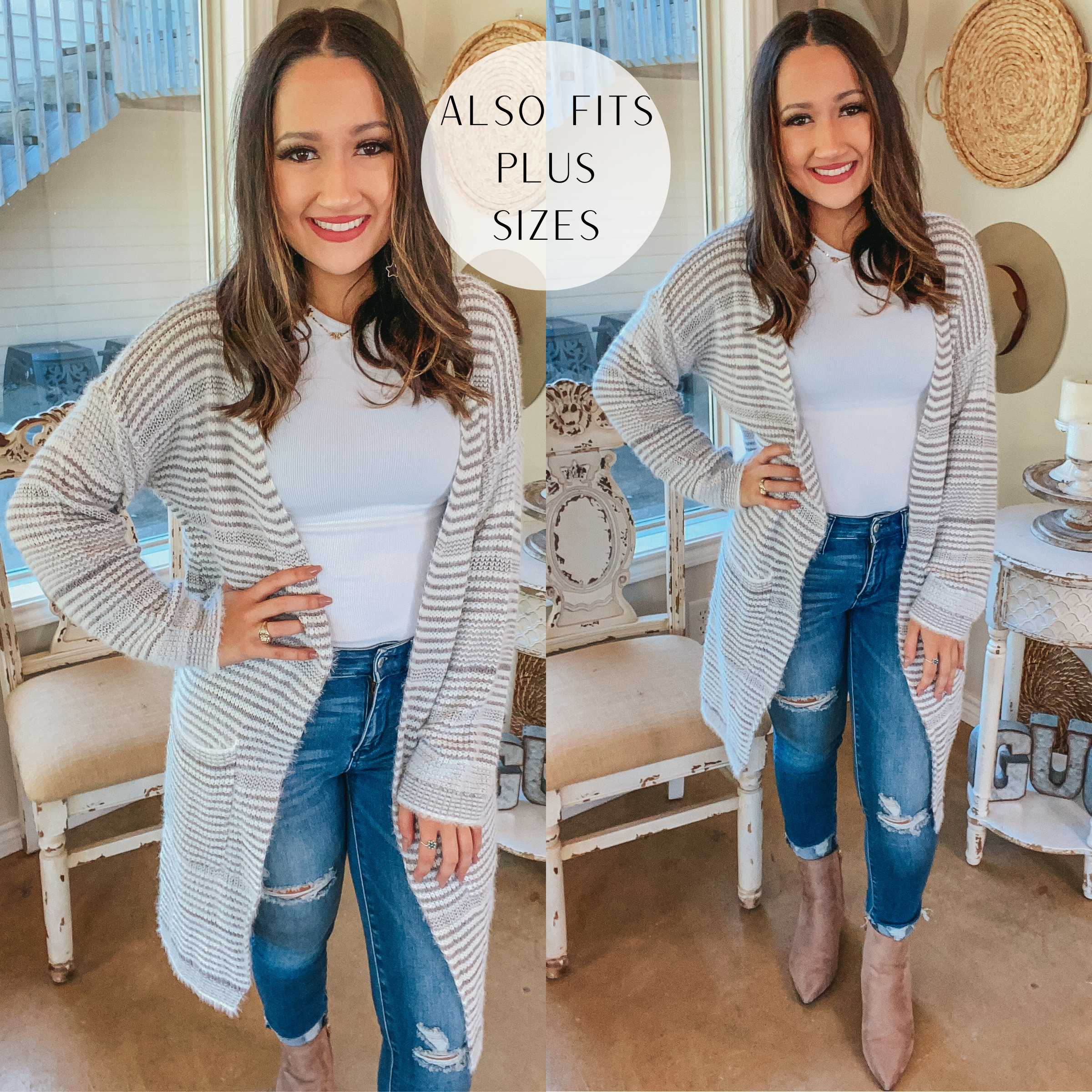 Upstate Chill Striped Knit Cardigan with Pockets in Grey - Giddy Up Glamour Boutique
