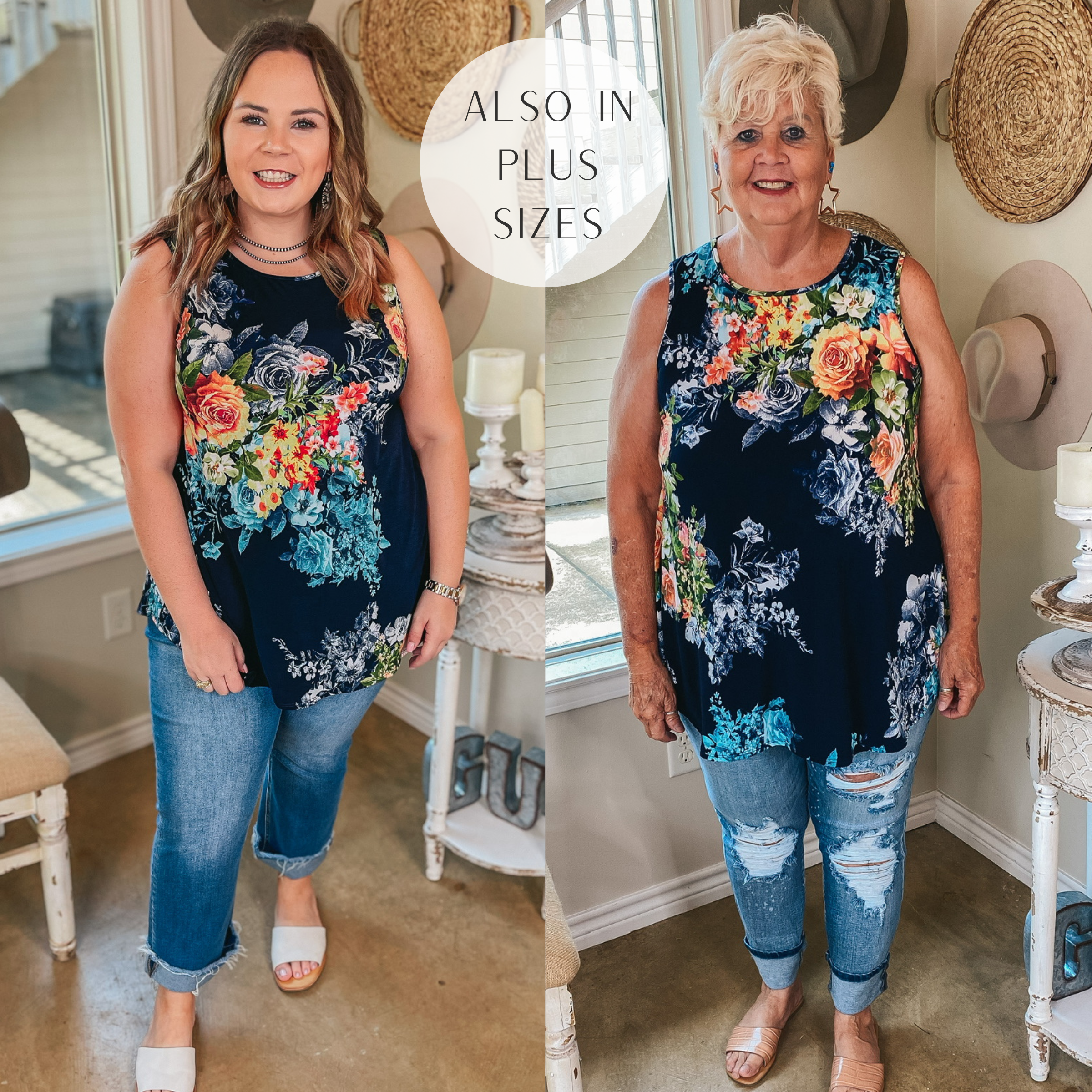 Last Chance Size Medium | Give Me Joy Floral A Line Tank Top in Navy - Giddy Up Glamour Boutique