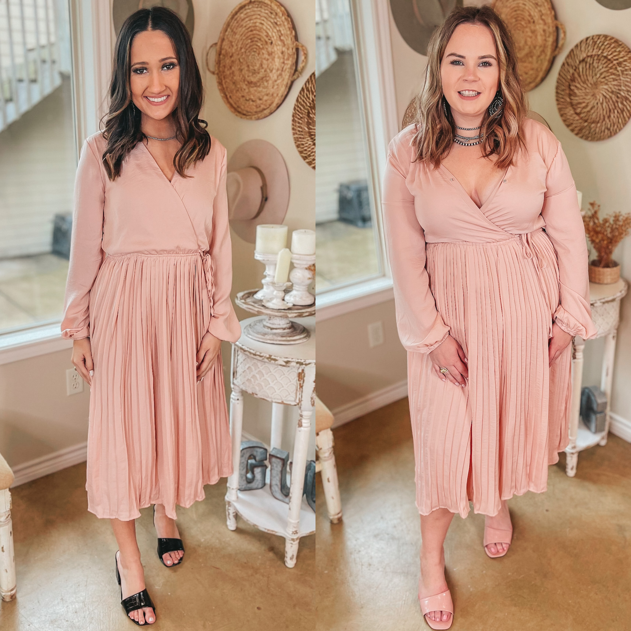 Bakersfield Brunch Long Sleeve Midi Dress with Pleated Skirt in Blush Pink