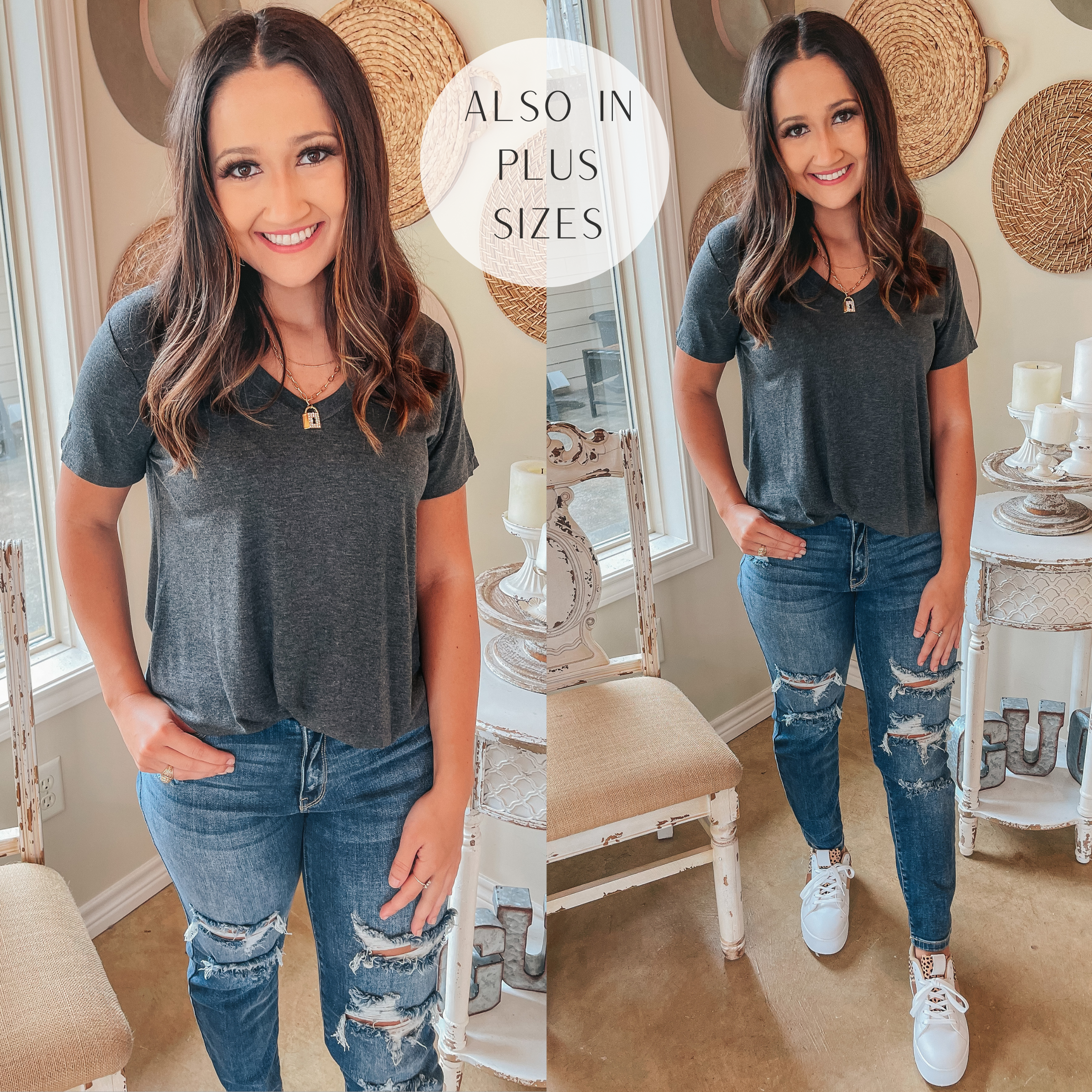 It's That Simple Solid V Neck Tee in Charcoal Grey - Giddy Up Glamour Boutique