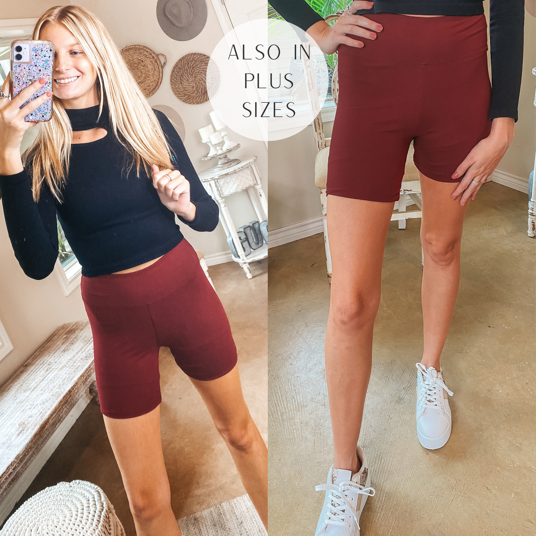 Finish Strong High Waist Biker Shorts in Maroon - Giddy Up Glamour Boutique