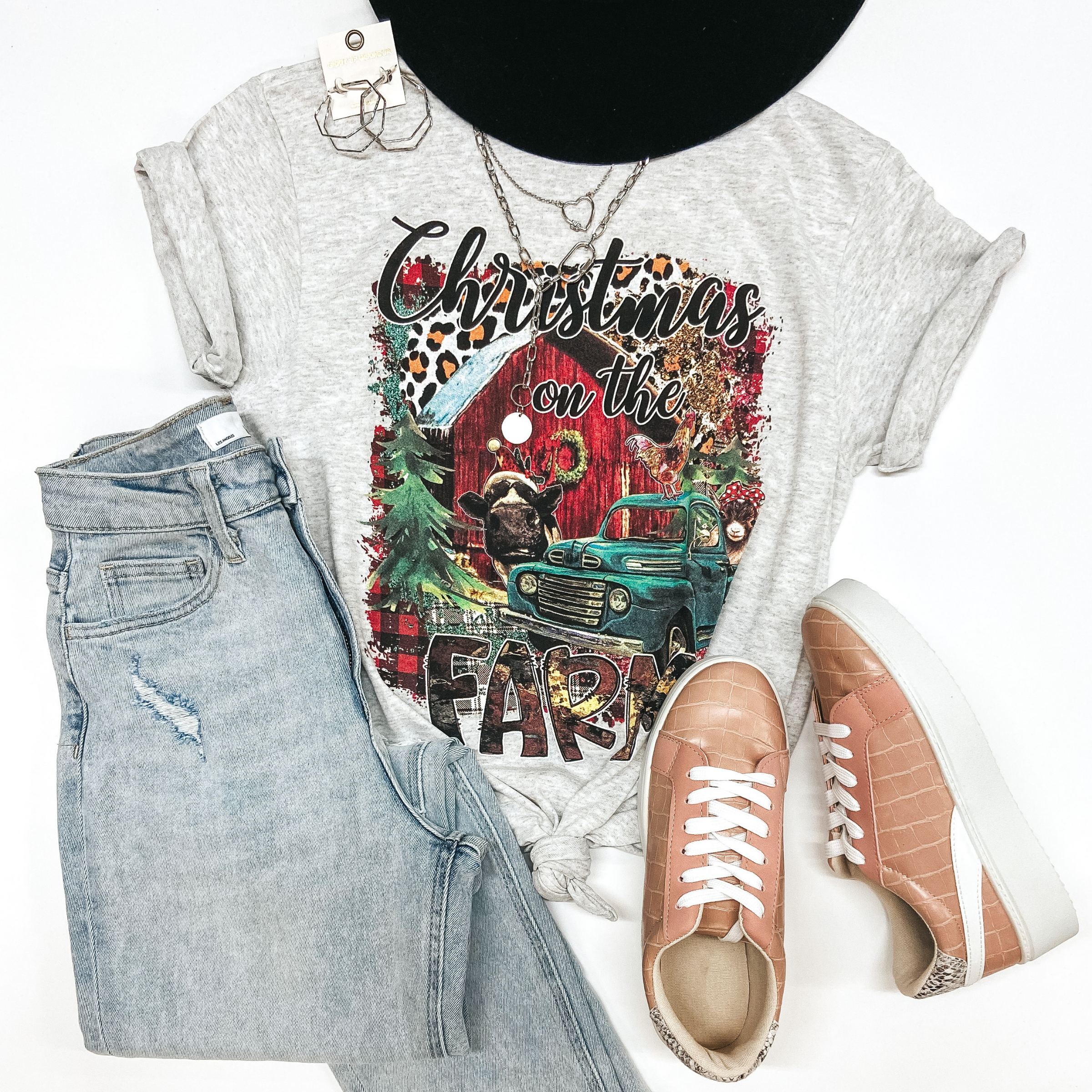 Christmas On the Farm Short Sleeve Graphic Tee in Light Heather Grey - Giddy Up Glamour Boutique