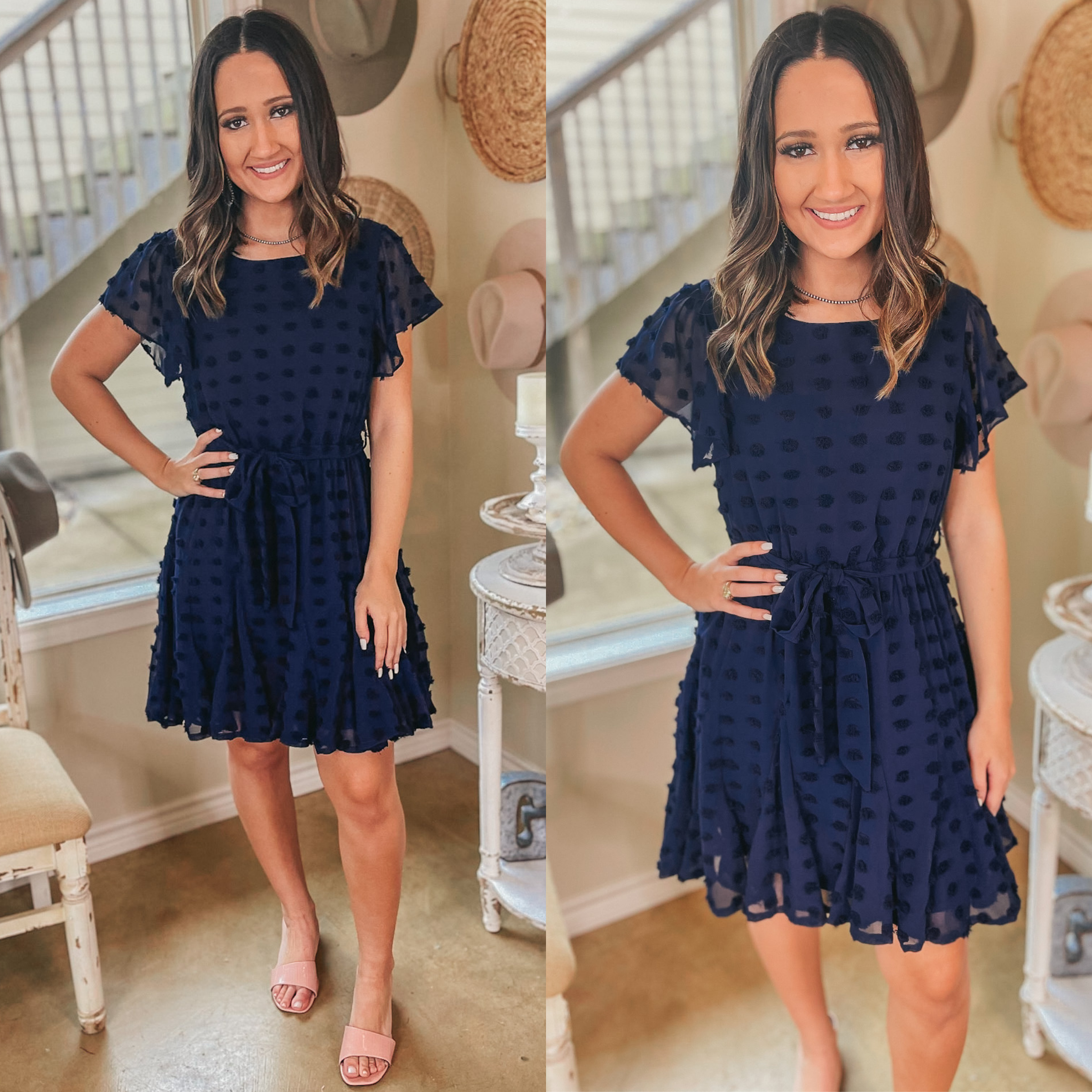 Brunch Babe Ruffle Sleeve Swiss Dot Dress with Waist Tie in Navy - Giddy Up Glamour Boutique