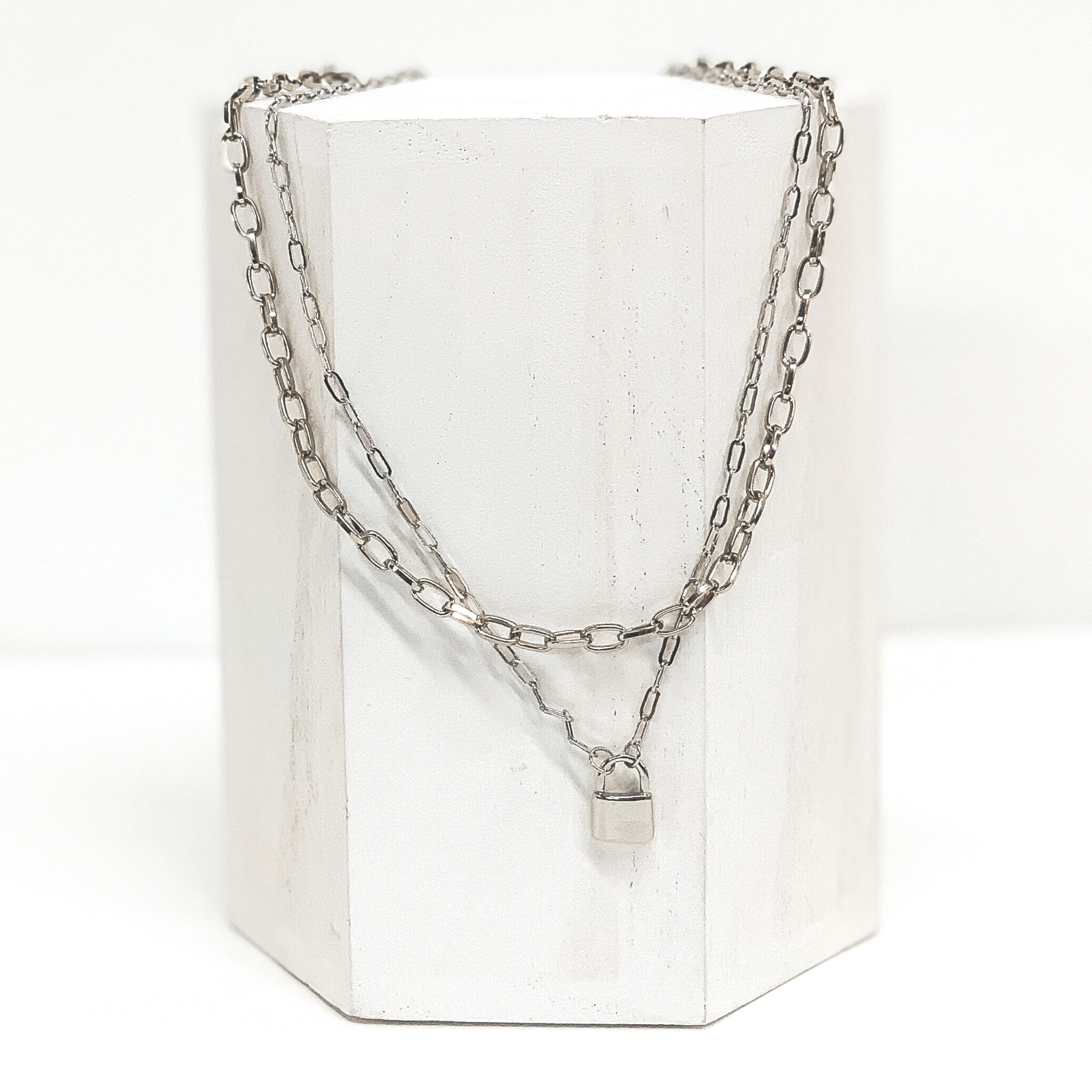 Two Strand Chain Link Necklace with Lock Charm in Silver - Giddy Up Glamour Boutique