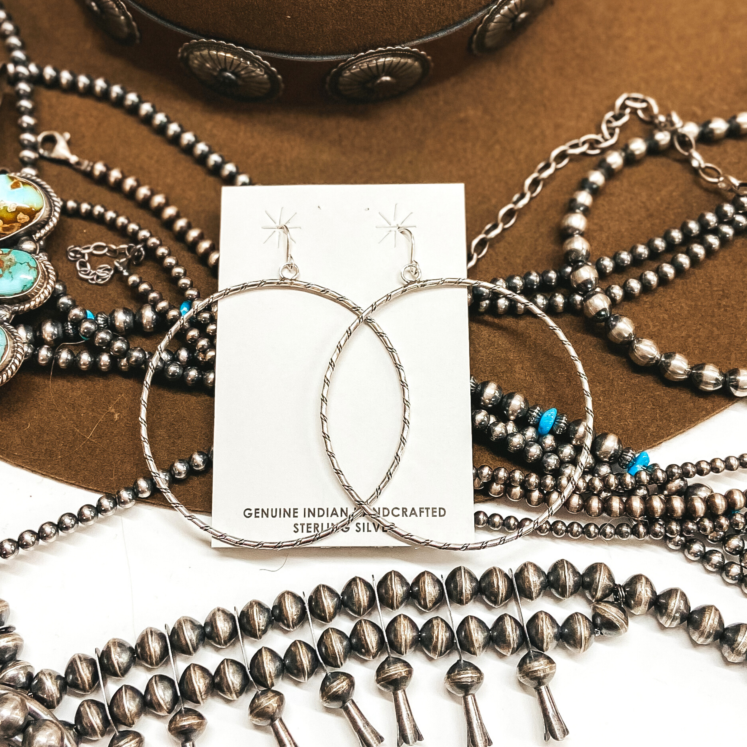 Caroline Tsosie | Navajo Handmade Large Sterling Silver Rope Detail Hoop Earrings - Giddy Up Glamour Boutique