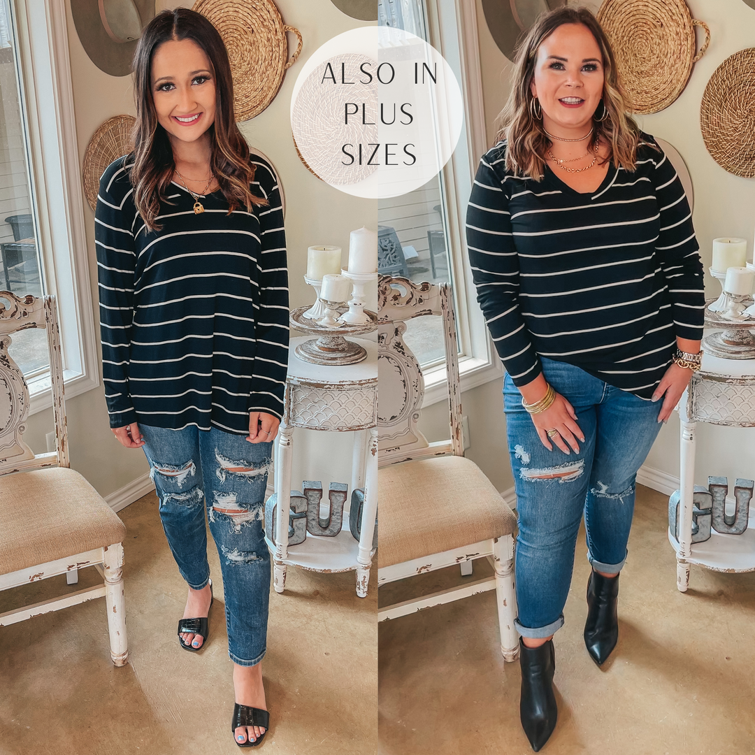 Keep Things Casual Long Sleeve Striped V Neck Tee in Black - Giddy Up Glamour Boutique