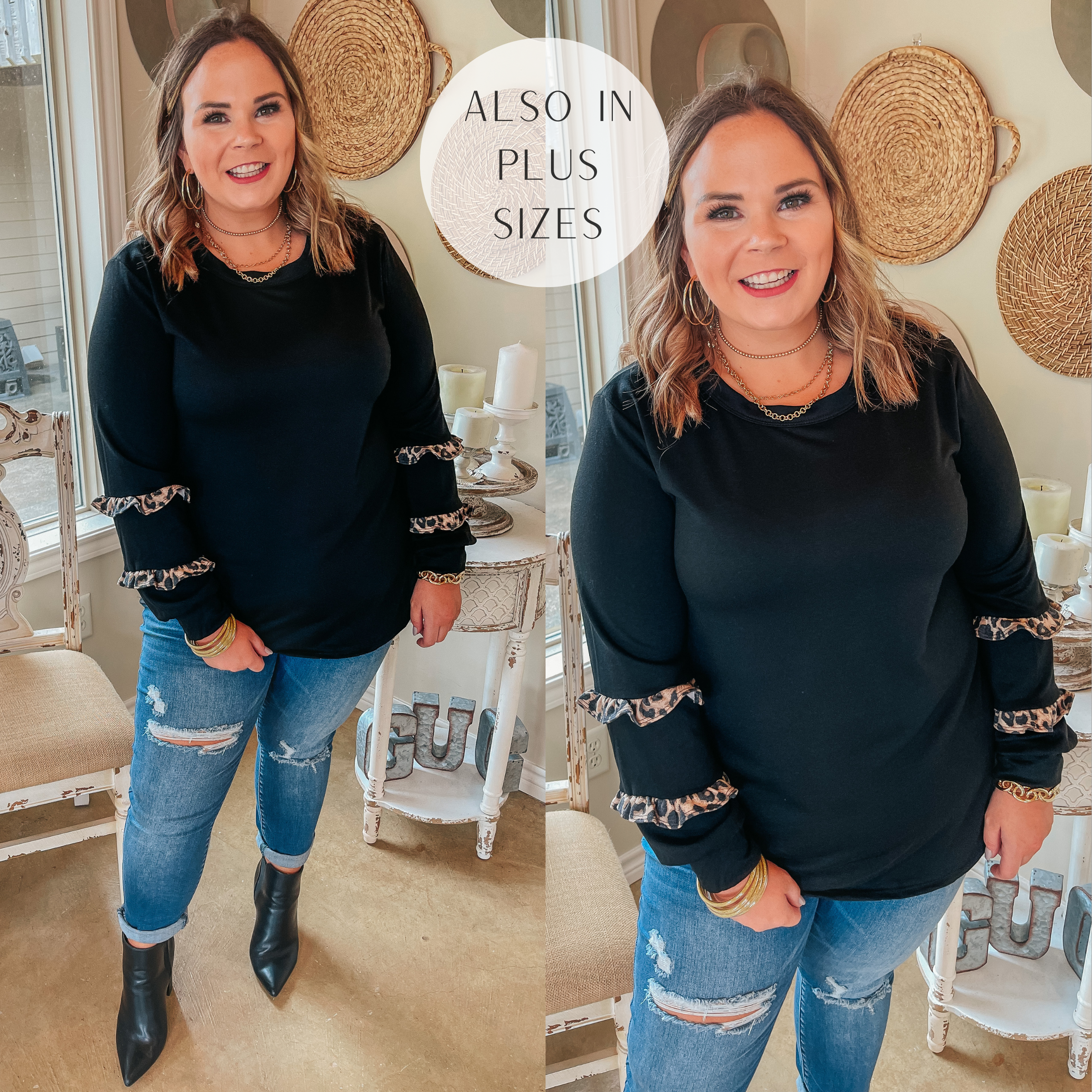 With Me Forever Long Sleeve Top with Leopard Print Ruffle Trim in Black - Giddy Up Glamour Boutique