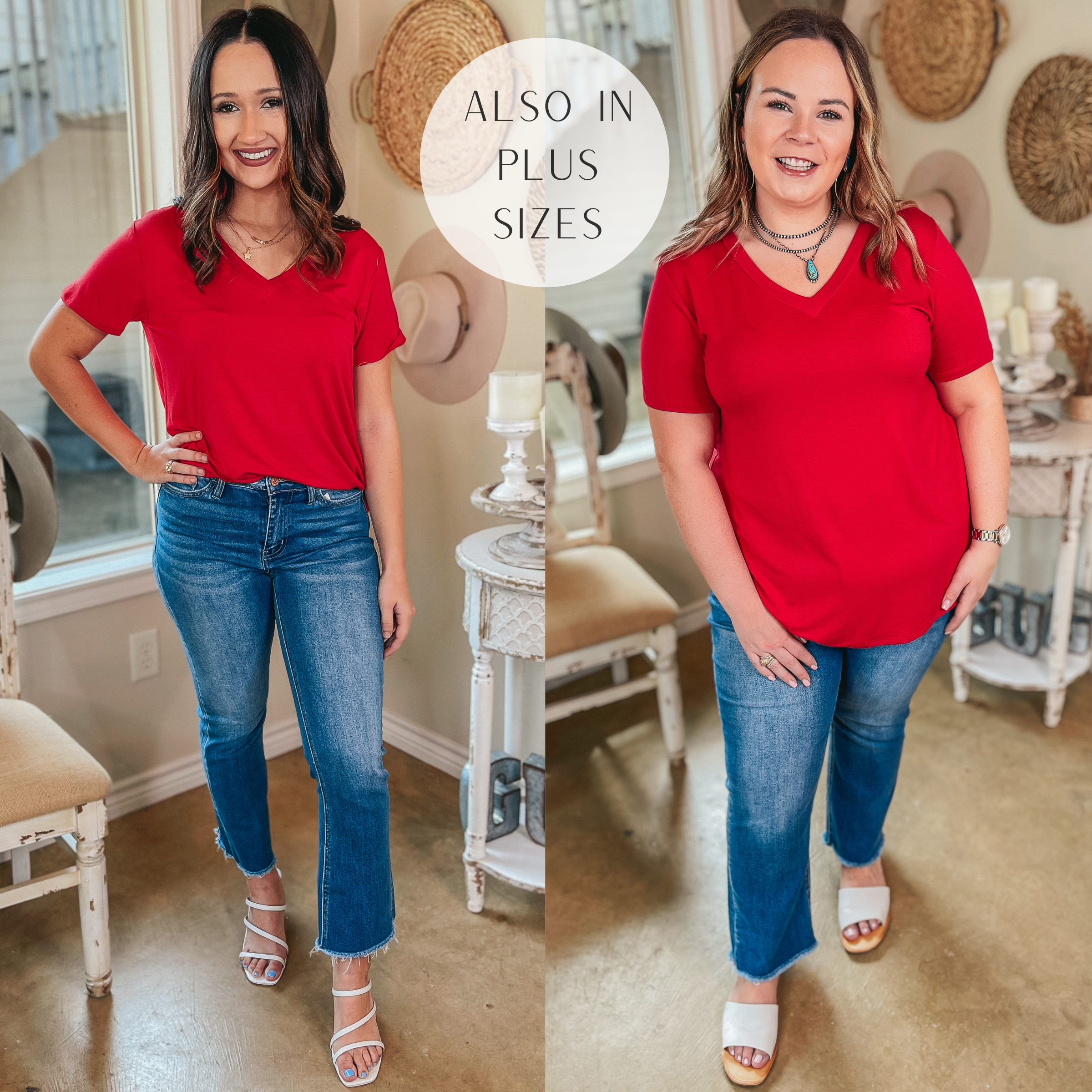 It's That Simple Solid V Neck Tee in Red - Giddy Up Glamour Boutique
