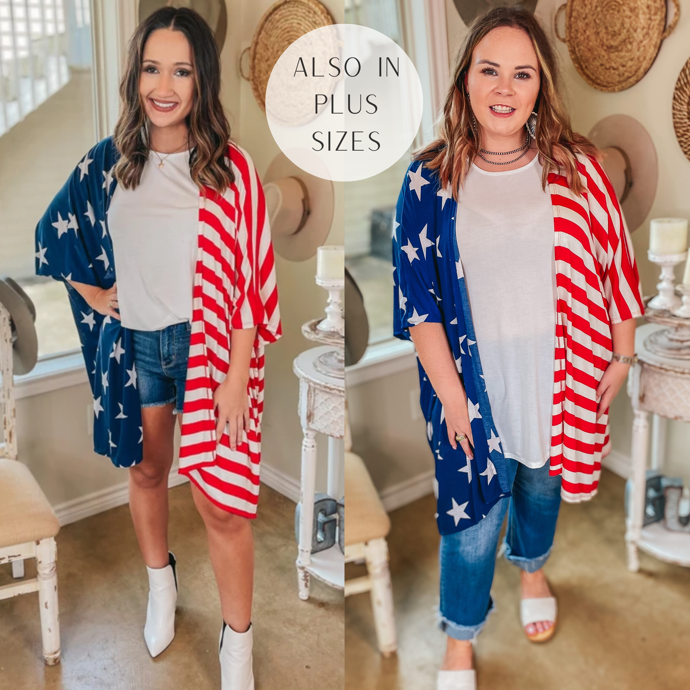 American Sweetheart Stars and Stripes Drop Sleeve Kimono in Red, White, and Blue - Giddy Up Glamour Boutique