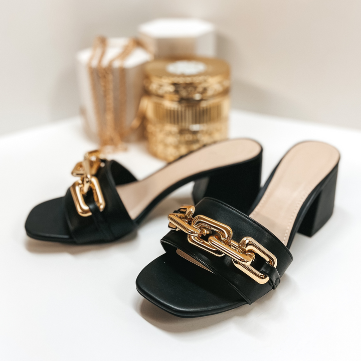 Grand Entrance Gold Chain Mini Block Heels in Black - Giddy Up Glamour Boutique
