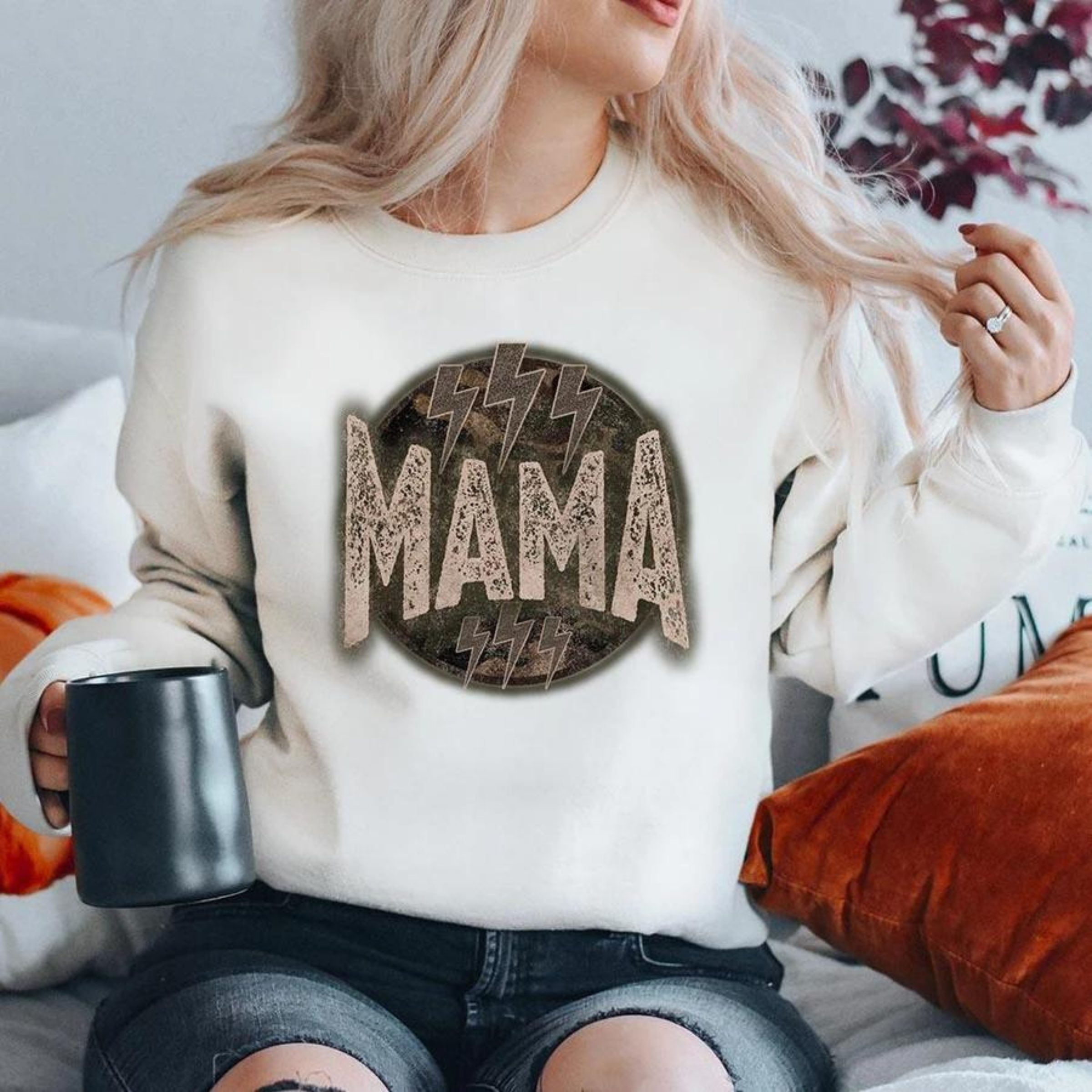 Online Exclusive | Mama Lightning Bolt Long Sleeve Graphic Sweatshirt in White - Giddy Up Glamour Boutique