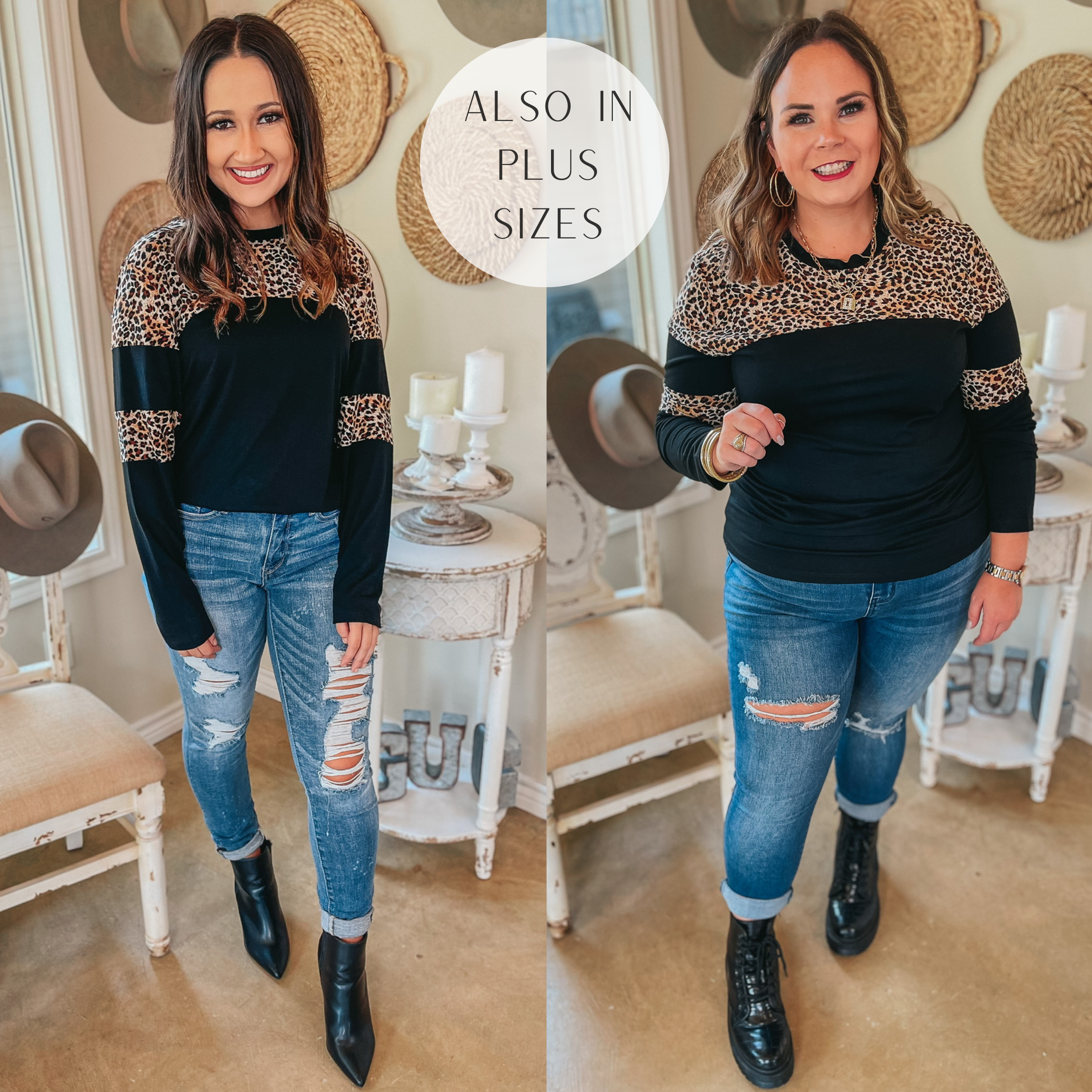 Get the Look Leopard Upper and Elbow Long Sleeve Top in Black - Giddy Up Glamour Boutique