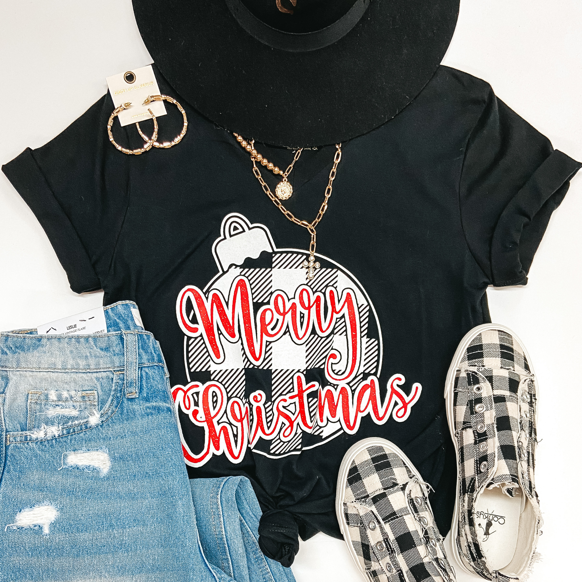 Merry Christmas in Buffalo Plaid Ornament Short Sleeve Graphic Tee in Black - Giddy Up Glamour Boutique