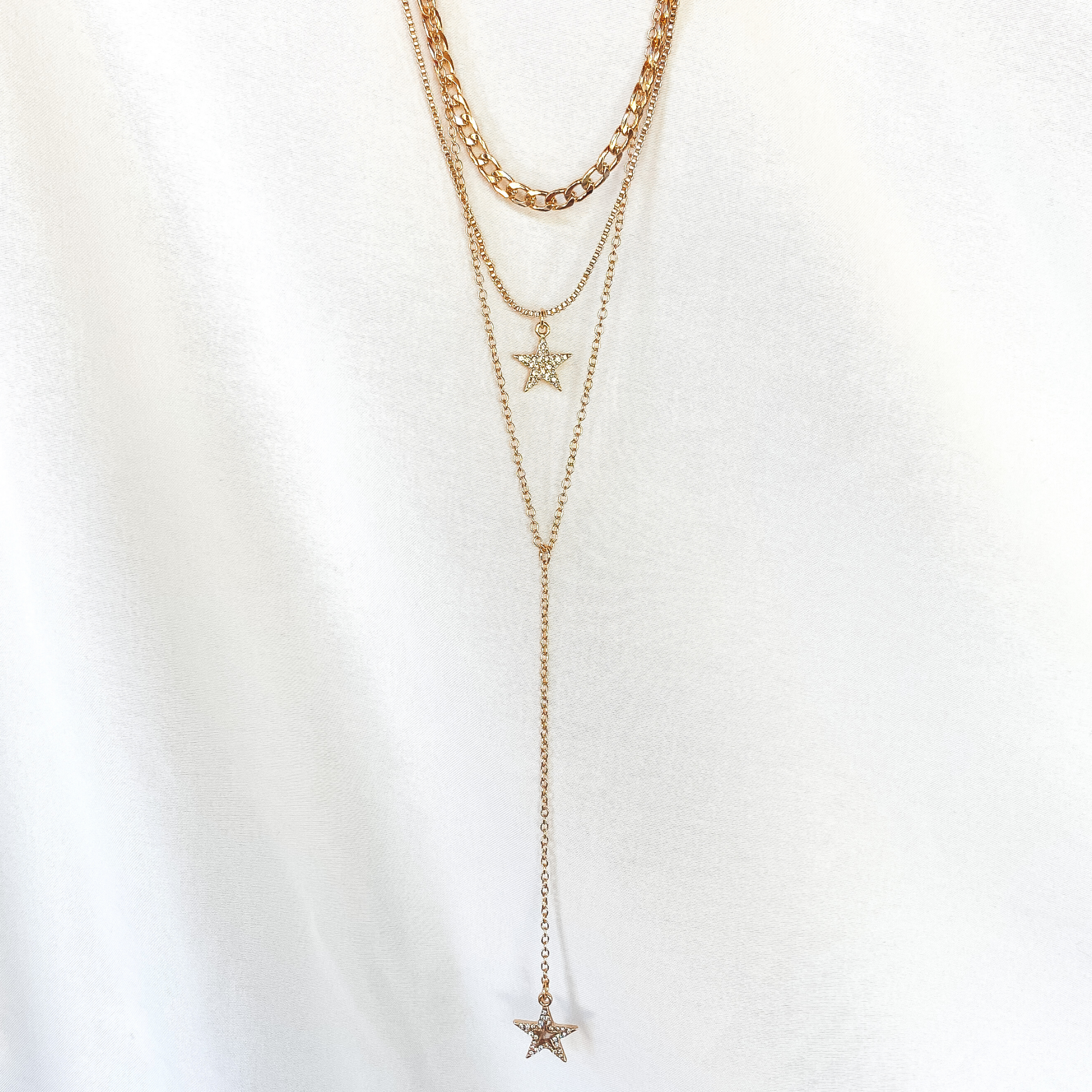 Three Strand Drop Chain Necklace with Crystal Star Pendants in Gold - Giddy Up Glamour Boutique
