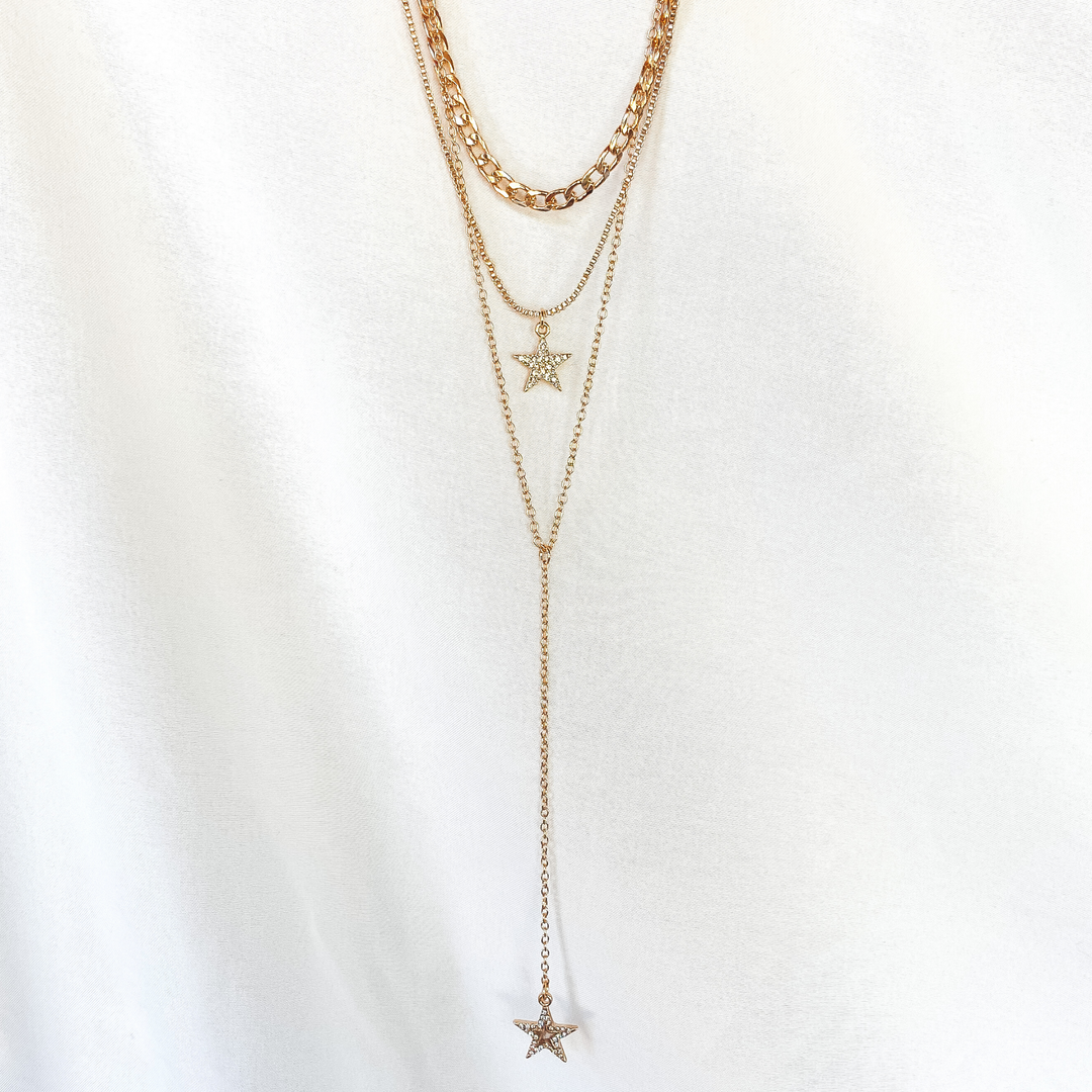 Three Strand Drop Chain Necklace with Crystal Star Pendants in Gold - Giddy Up Glamour Boutique
