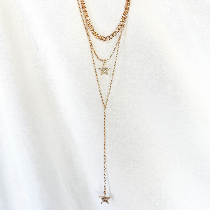 Three Strand Drop Chain Necklace with Crystal Star Pendants in Gold - Giddy Up Glamour Boutique
