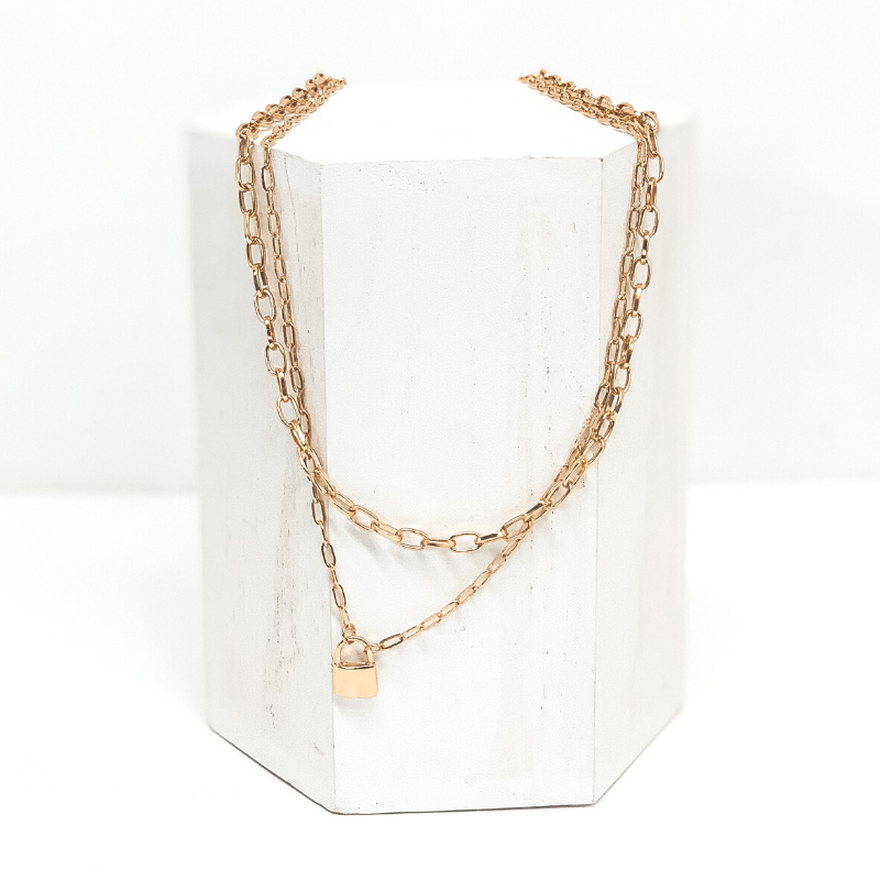 Two Strand Chain Link Necklace with Lock Charm in Gold - Giddy Up Glamour Boutique