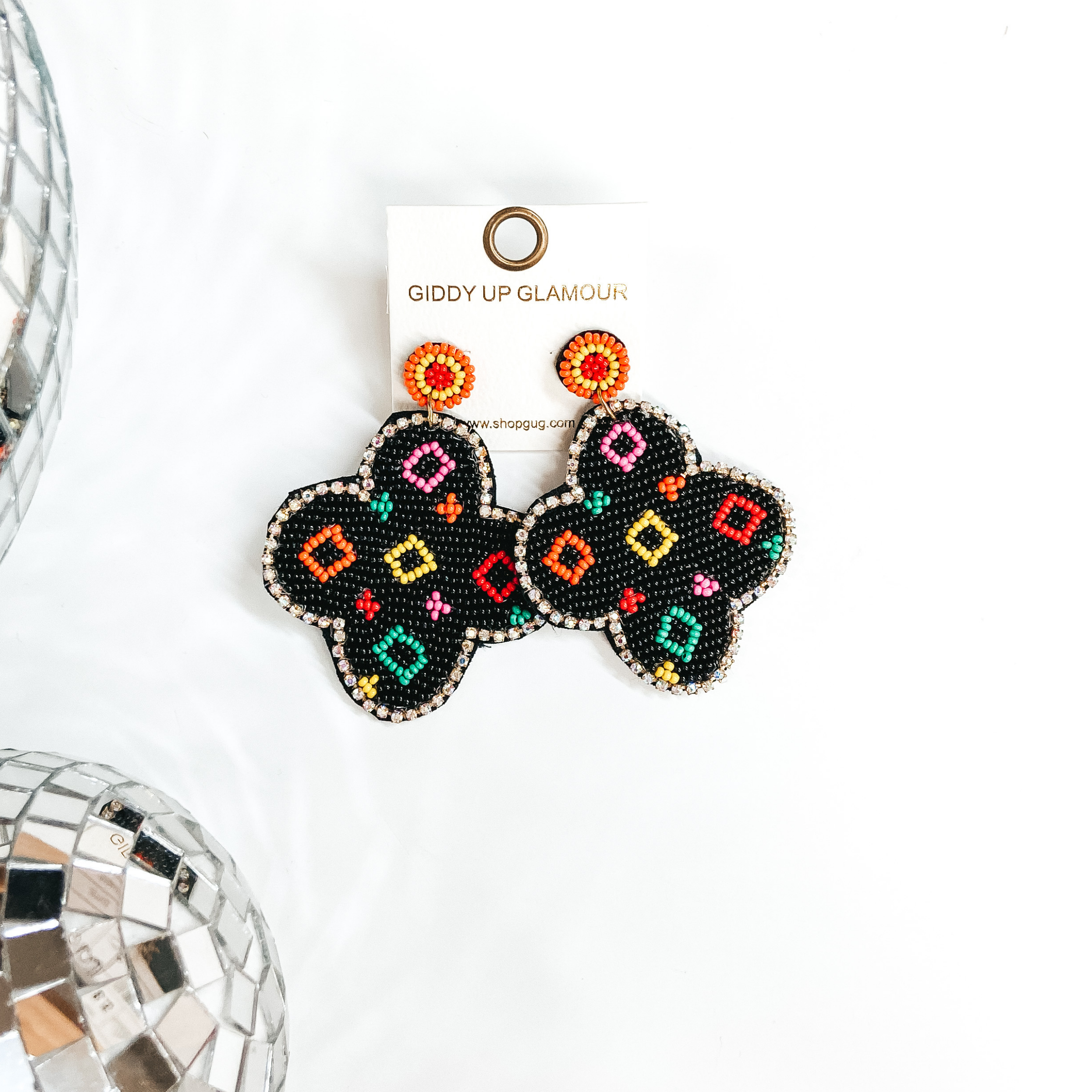 Designer Lifestyle Seedbead Quatrefoil Earrings in Black - Giddy Up Glamour Boutique