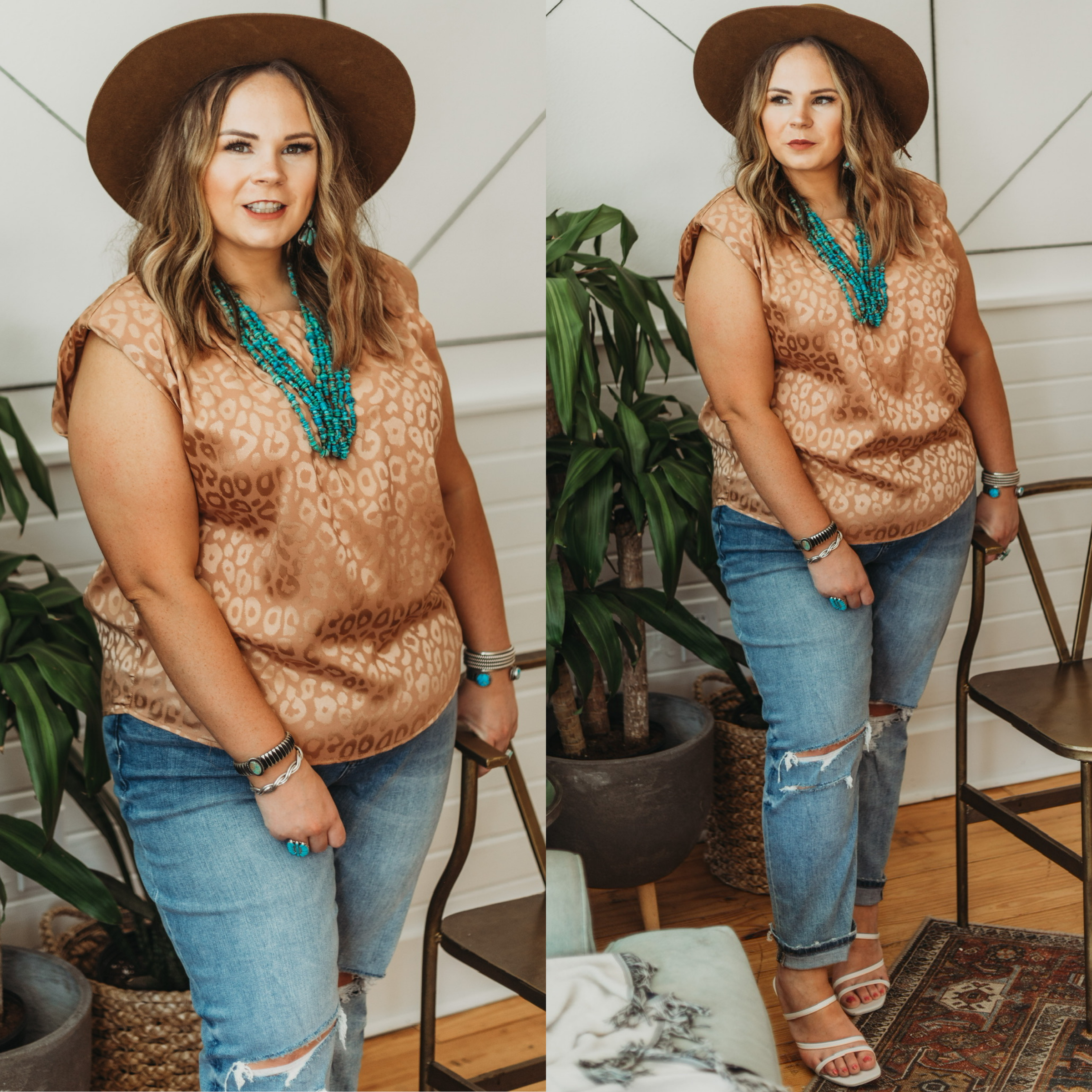 Divine Delights Metallic Leopard Satin Blouse with Shoulder Pads in Copper - Giddy Up Glamour Boutique