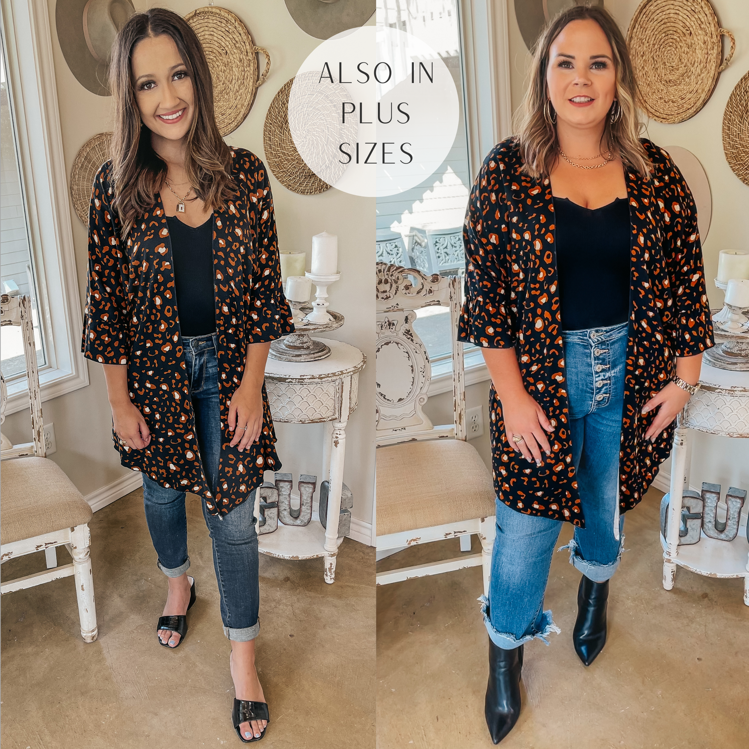 Tell Me About It Sheer Rust Leopard Kimono with Ruffle Sleeves in Black - Giddy Up Glamour Boutique