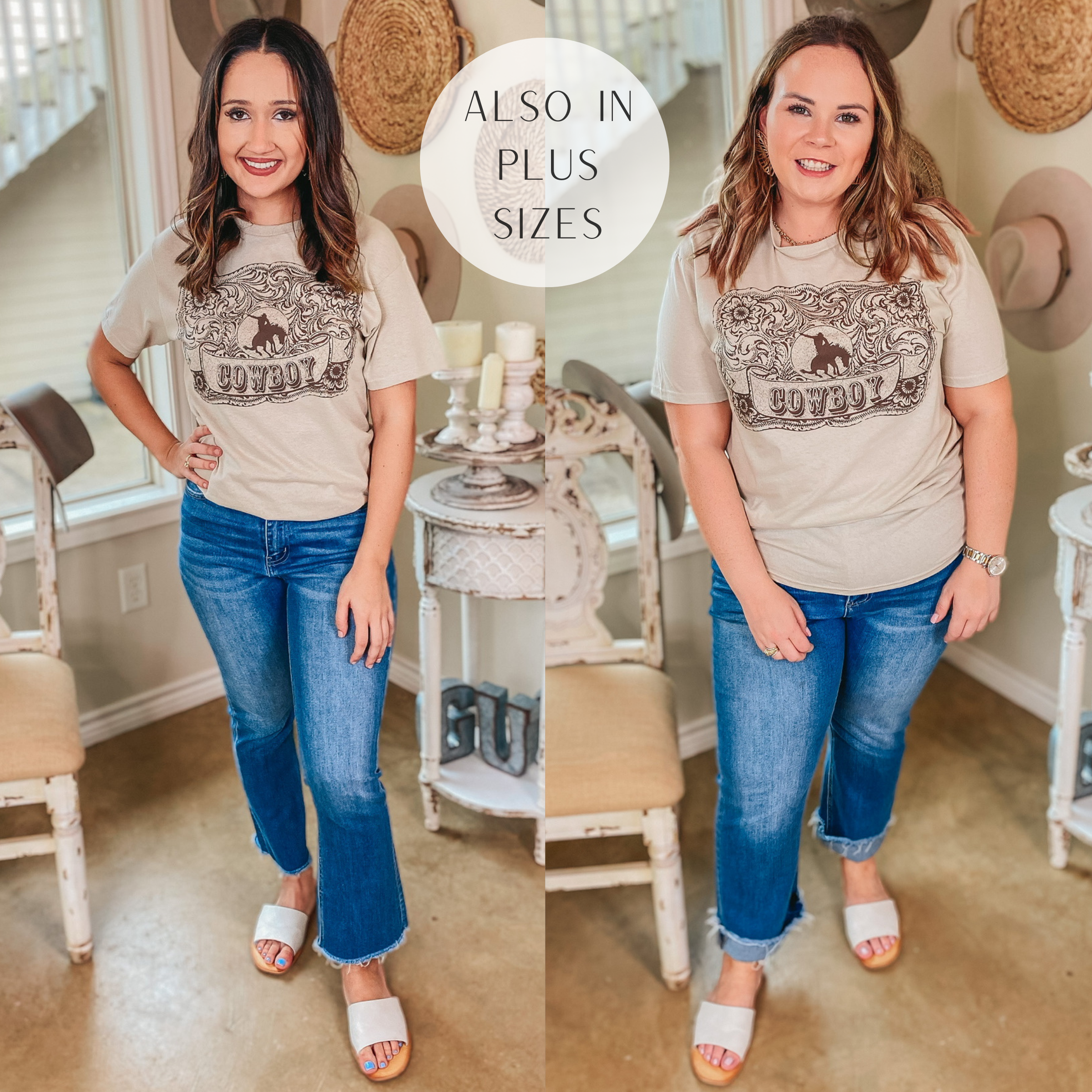 Cowboy Buckle Short Sleeve Graphic Tee in Beige - Giddy Up Glamour Boutique