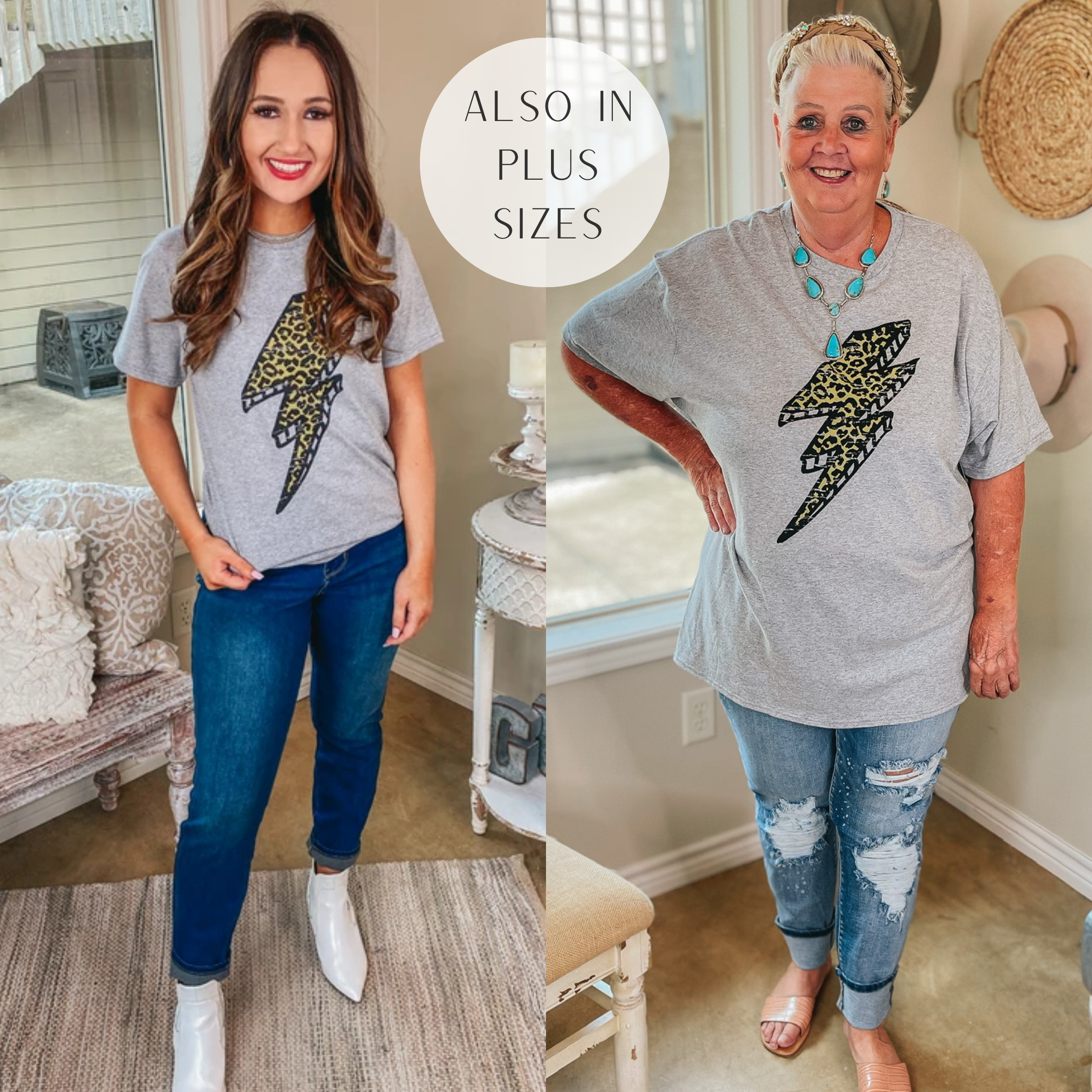 Wild Storm Leopard Lightning Bolt Short Sleeve Graphic Tee in Heather Grey - Giddy Up Glamour Boutique