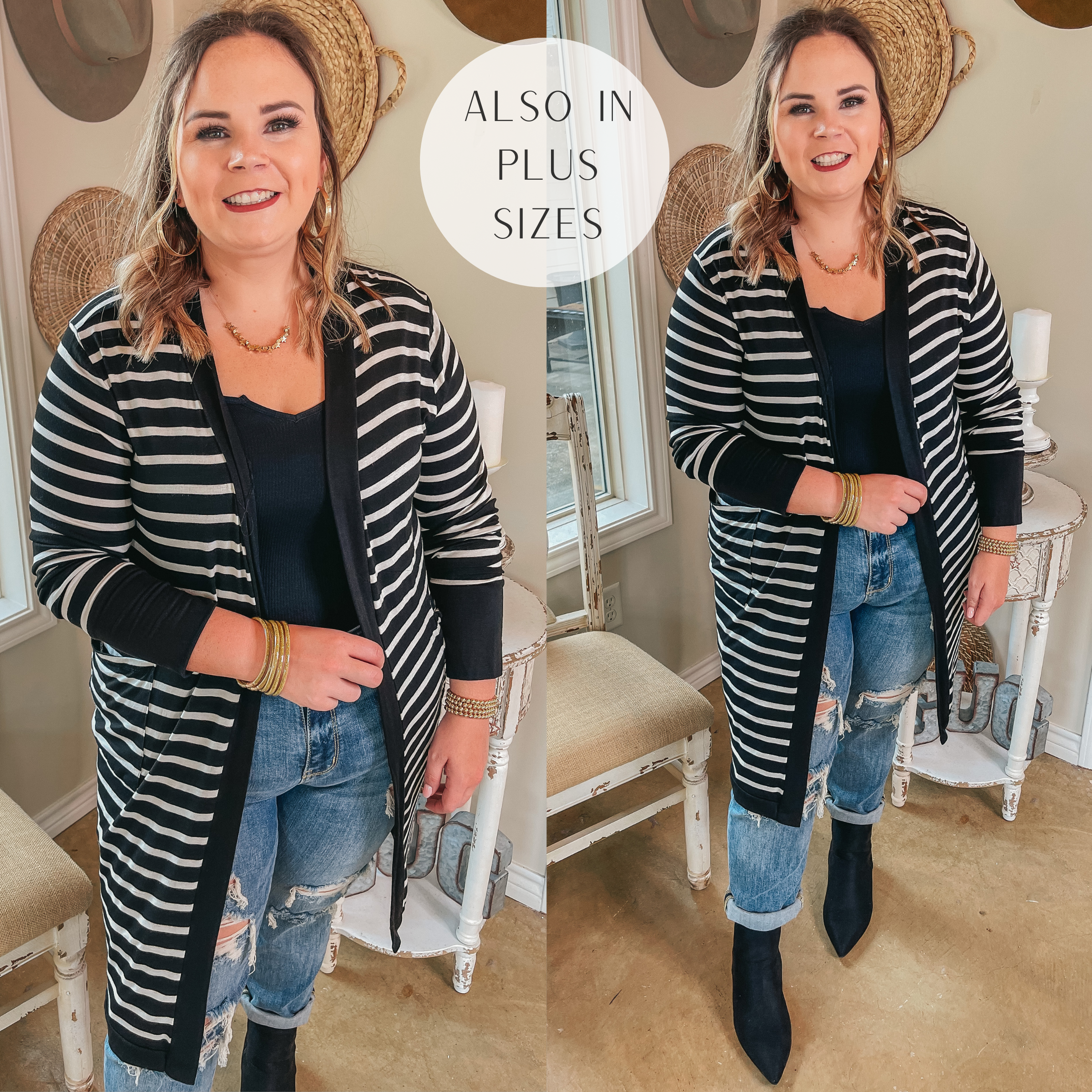 On the Scene Long Sleeve Striped Open Front Cardigan in Black - Giddy Up Glamour Boutique