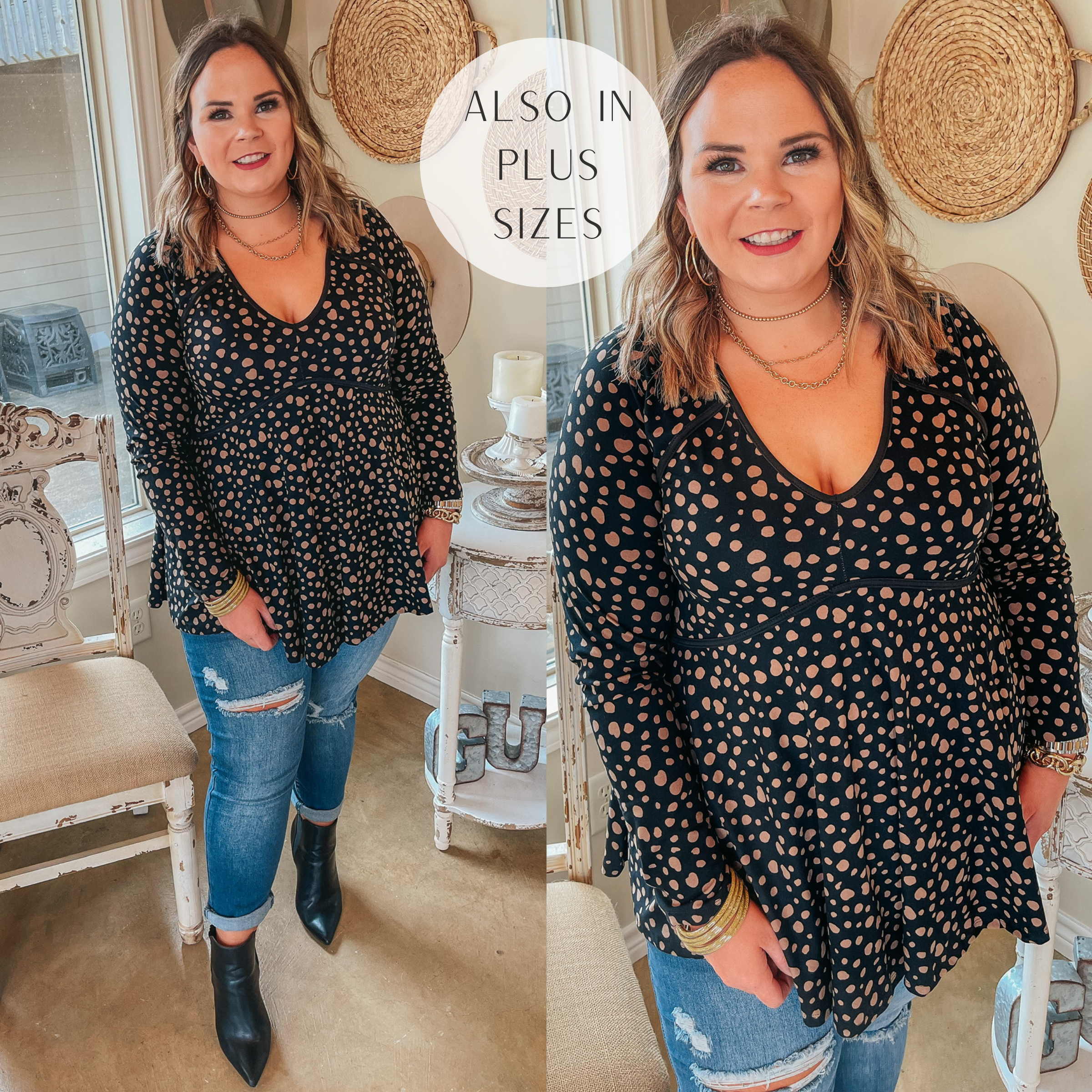 She's A Doll Long Sleeve Taupe Dotted Babydoll Top with V Neckline in Black - Giddy Up Glamour Boutique