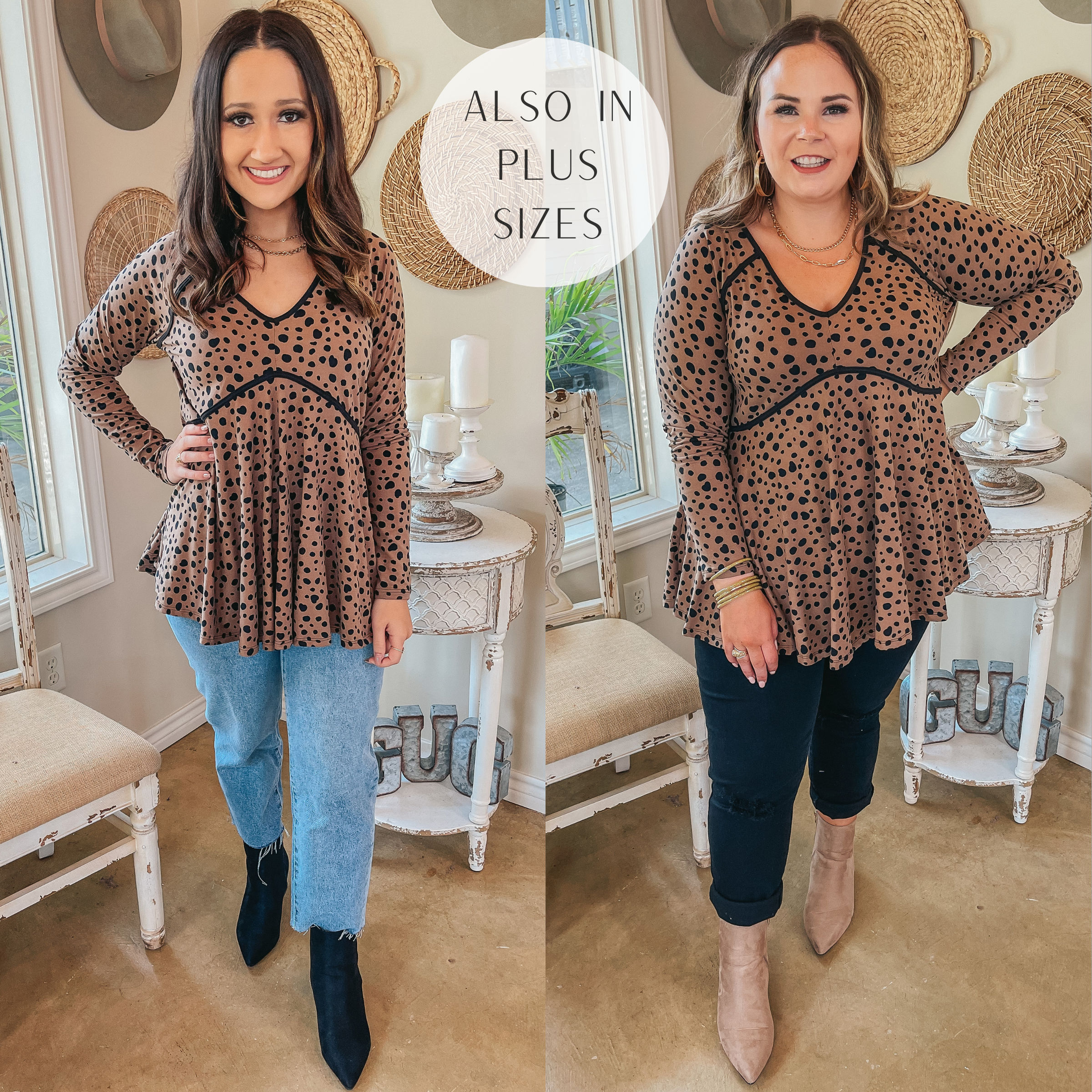 She's A Doll Long Sleeve Dotted Babydoll Top with V Neckline in Brown - Giddy Up Glamour Boutique