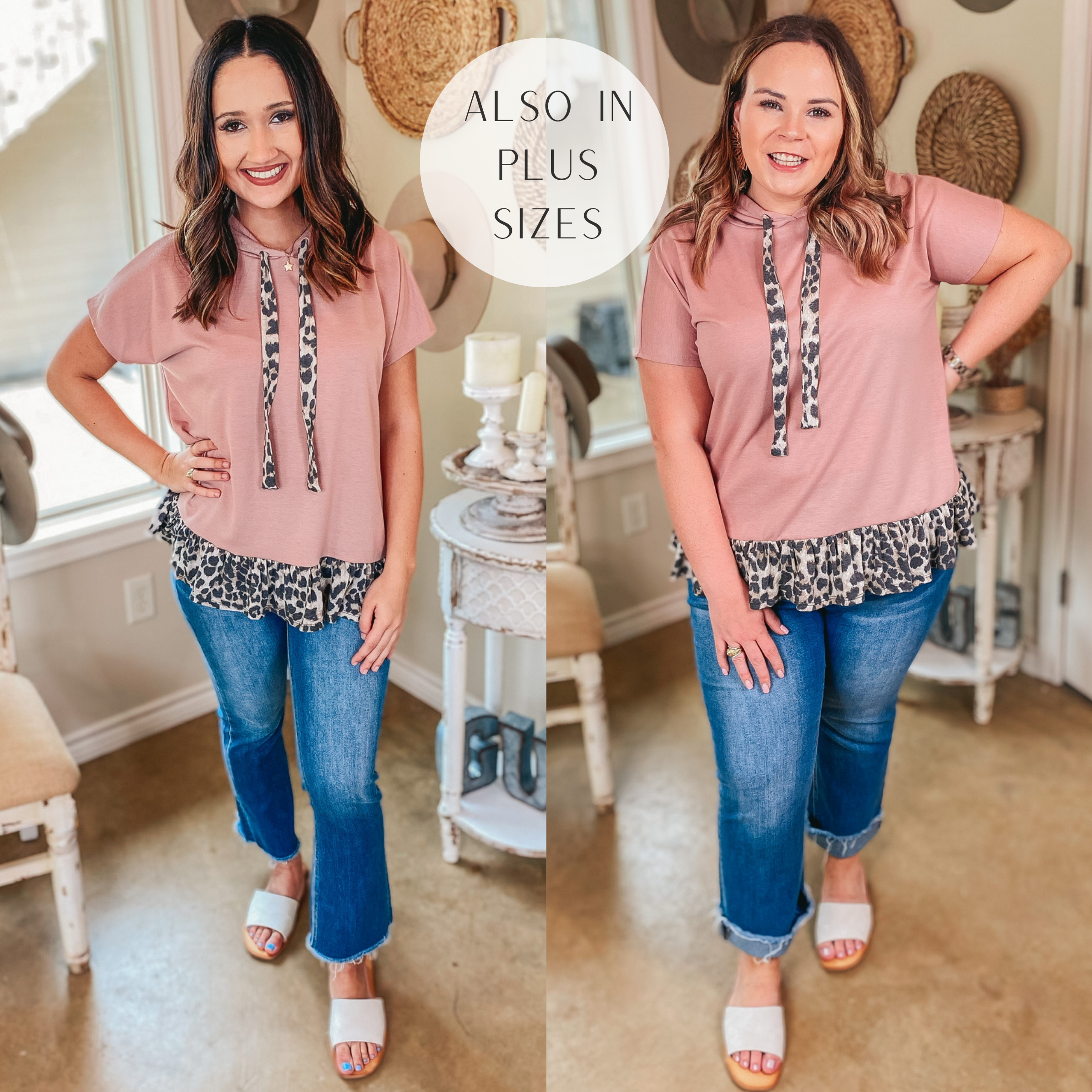 Take a Hike Short Sleeve Leopard Peplum Hoodie Top in Mauve Pink - Giddy Up Glamour Boutique