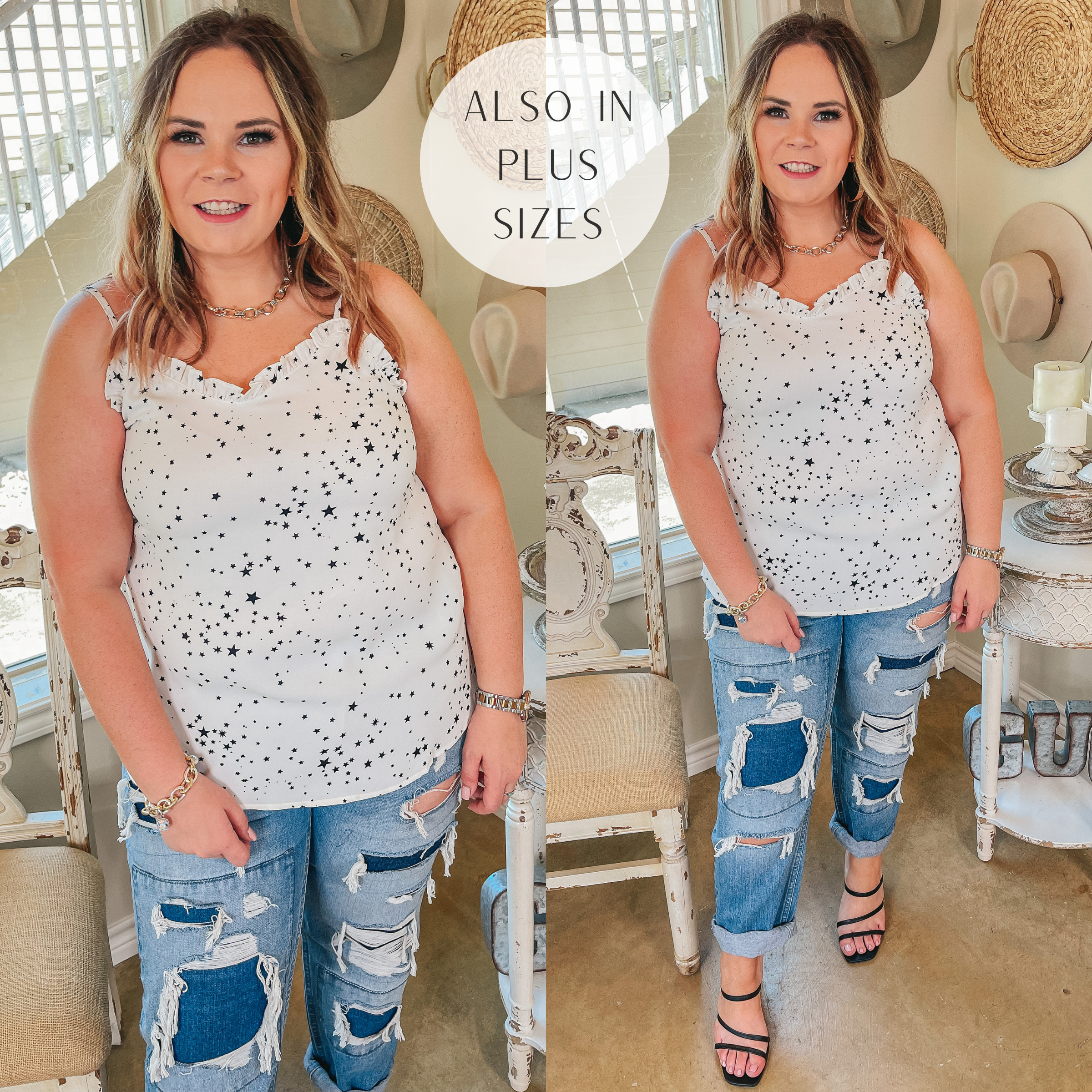 Last Chance Size 1XL & 3XL | Star Catcher Star Print Ruffle Trim Spaghetti Strap Top in Ivory - Giddy Up Glamour Boutique