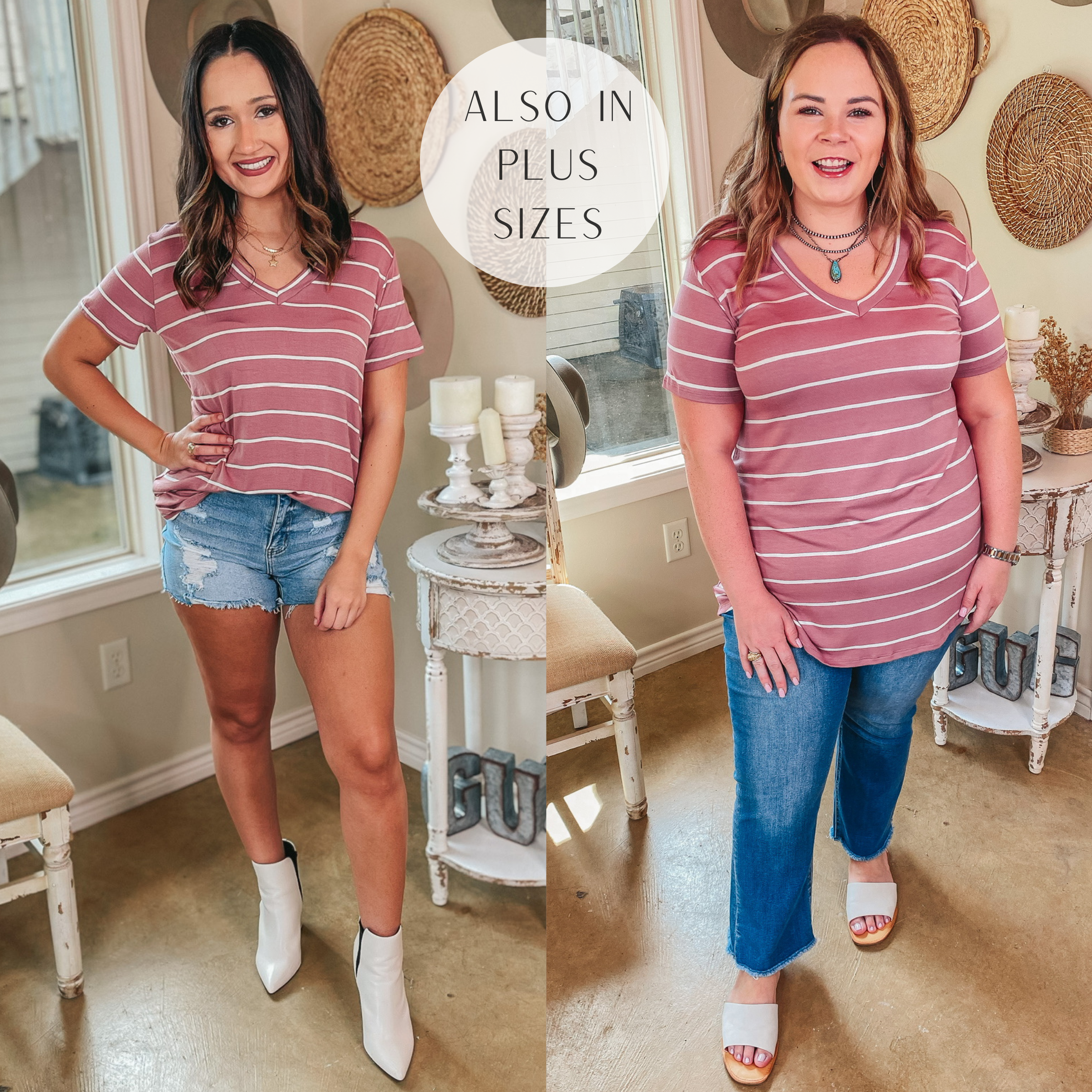 Keep Things Casual Striped V Neck Tee in Mauve - Giddy Up Glamour Boutique