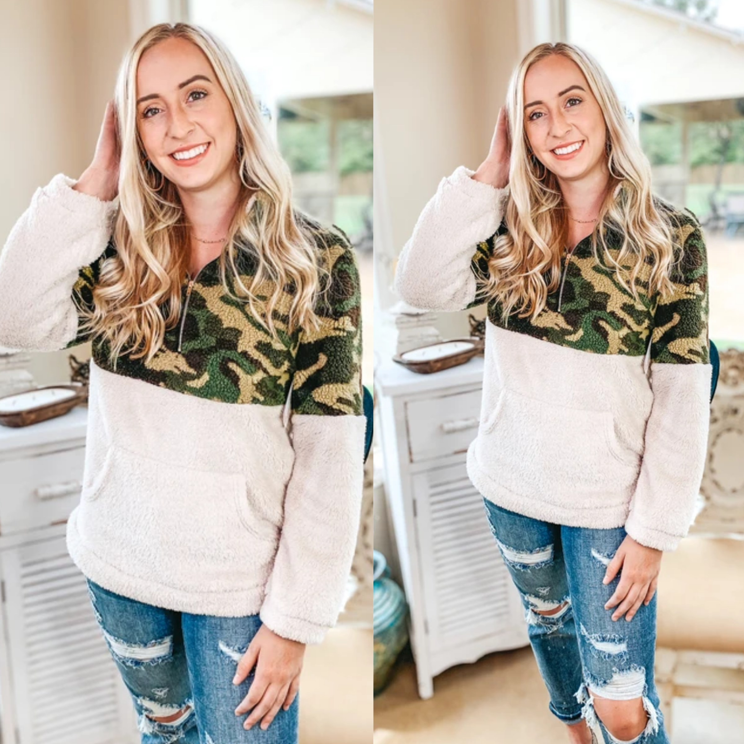 Chill of the Night Camouflage Sherpa Quarter Zip Pullover in Olive Green - Giddy Up Glamour Boutique