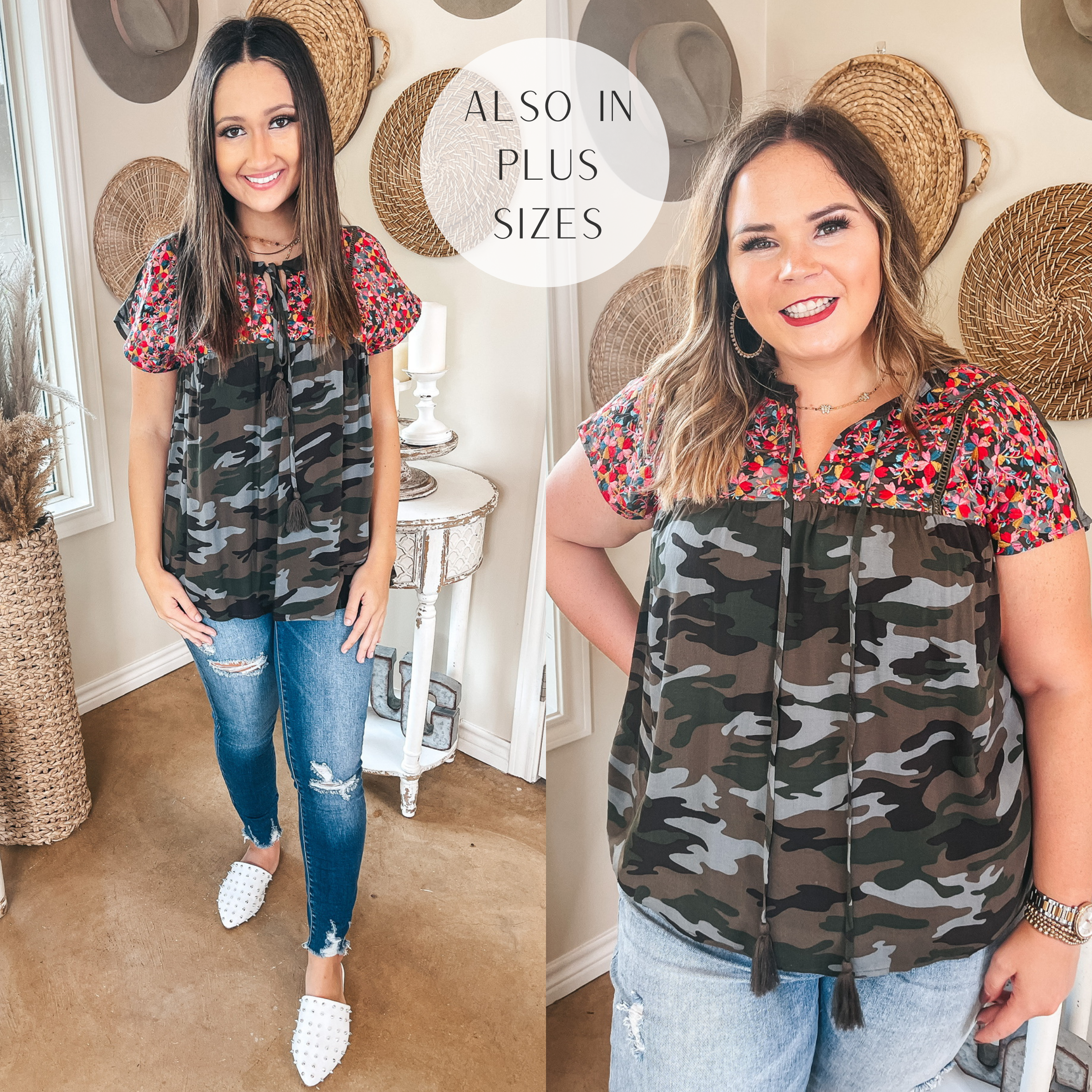 Last Chance Size Small | Fredericksburg In the Spring Embroidered Short Sleeve Top with Front Keyhole in Camouflage - Giddy Up Glamour Boutique
