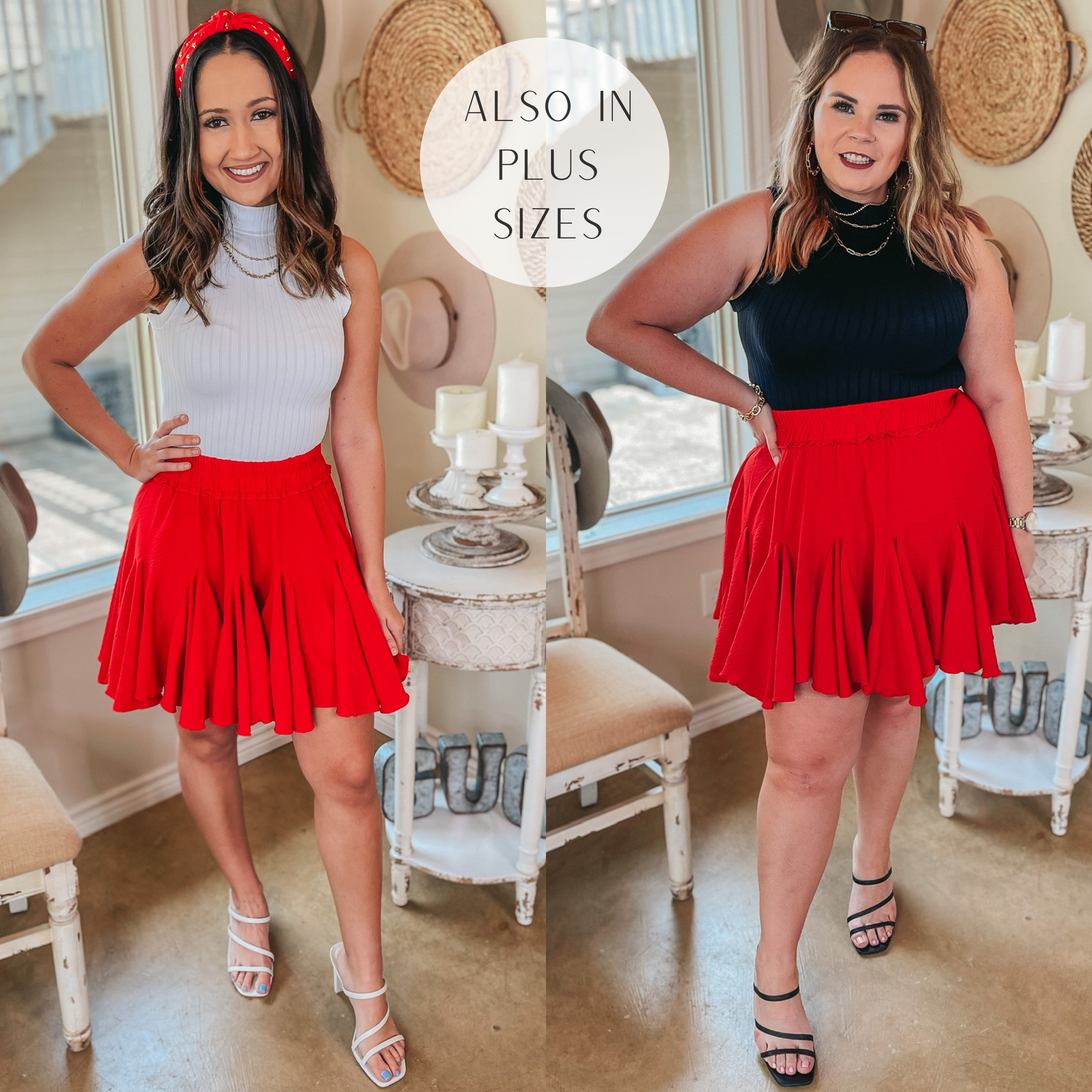 Afternoon Flights Ruffle Mini Skirt in Red - Giddy Up Glamour Boutique
