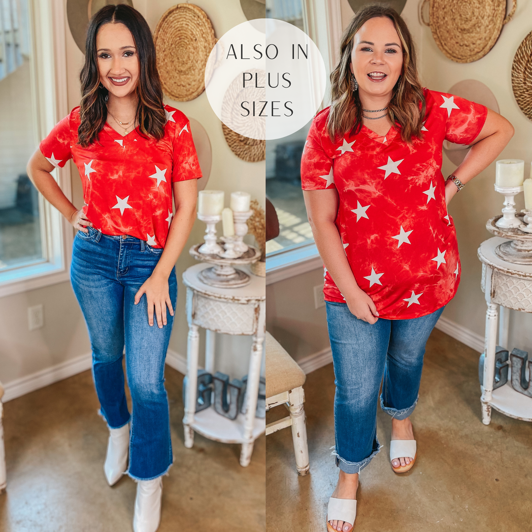 Keep Things Simple Tie Dye with Stars V Neck Tee in Red - Giddy Up Glamour Boutique