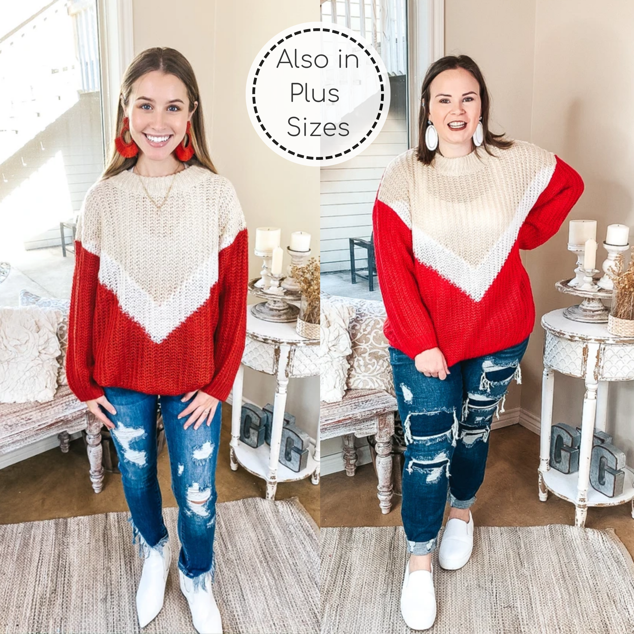 Ivy League Chunky Color Block Sweater in Ivory and Red