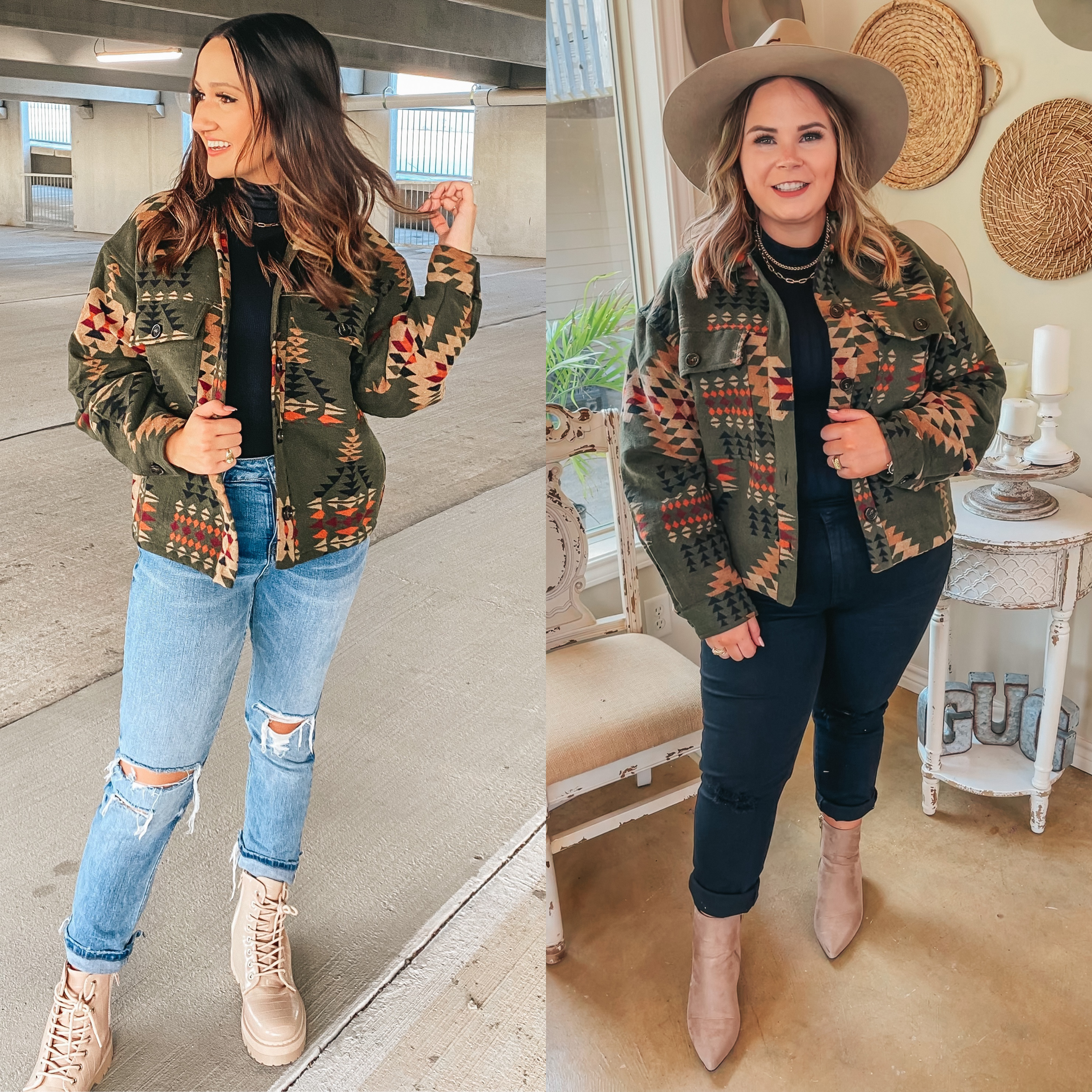 Models are wearing an olive jacket with an Aztec print. Size small model has it paired with nude combat boots, boyfriend jeans, a black tank top, and gold jewelry. Size large model has it paired with taupe booties, black skinny jeans, a black tank top, and tan hat.