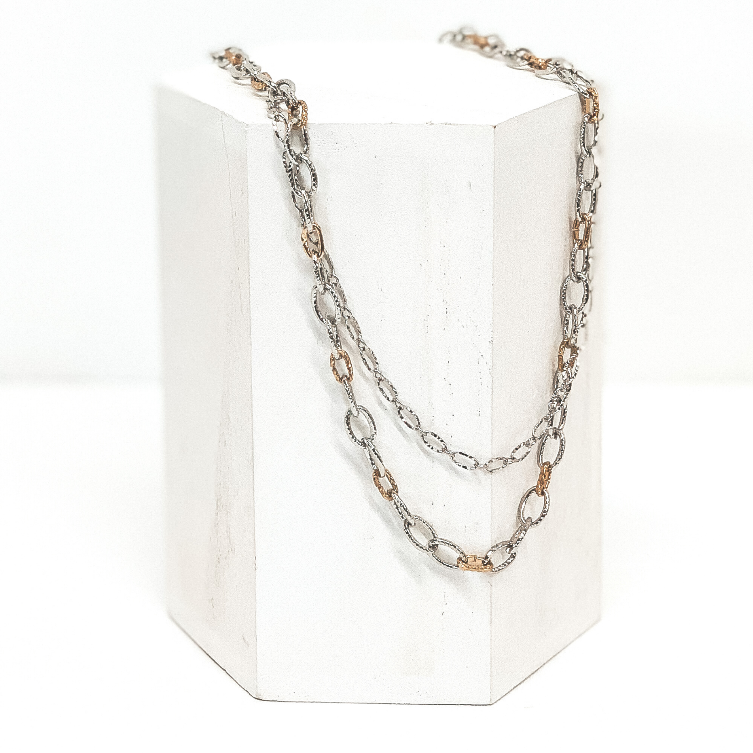Two Strand Hammered Chain Link Necklace with Gold Spacers in Silver - Giddy Up Glamour Boutique