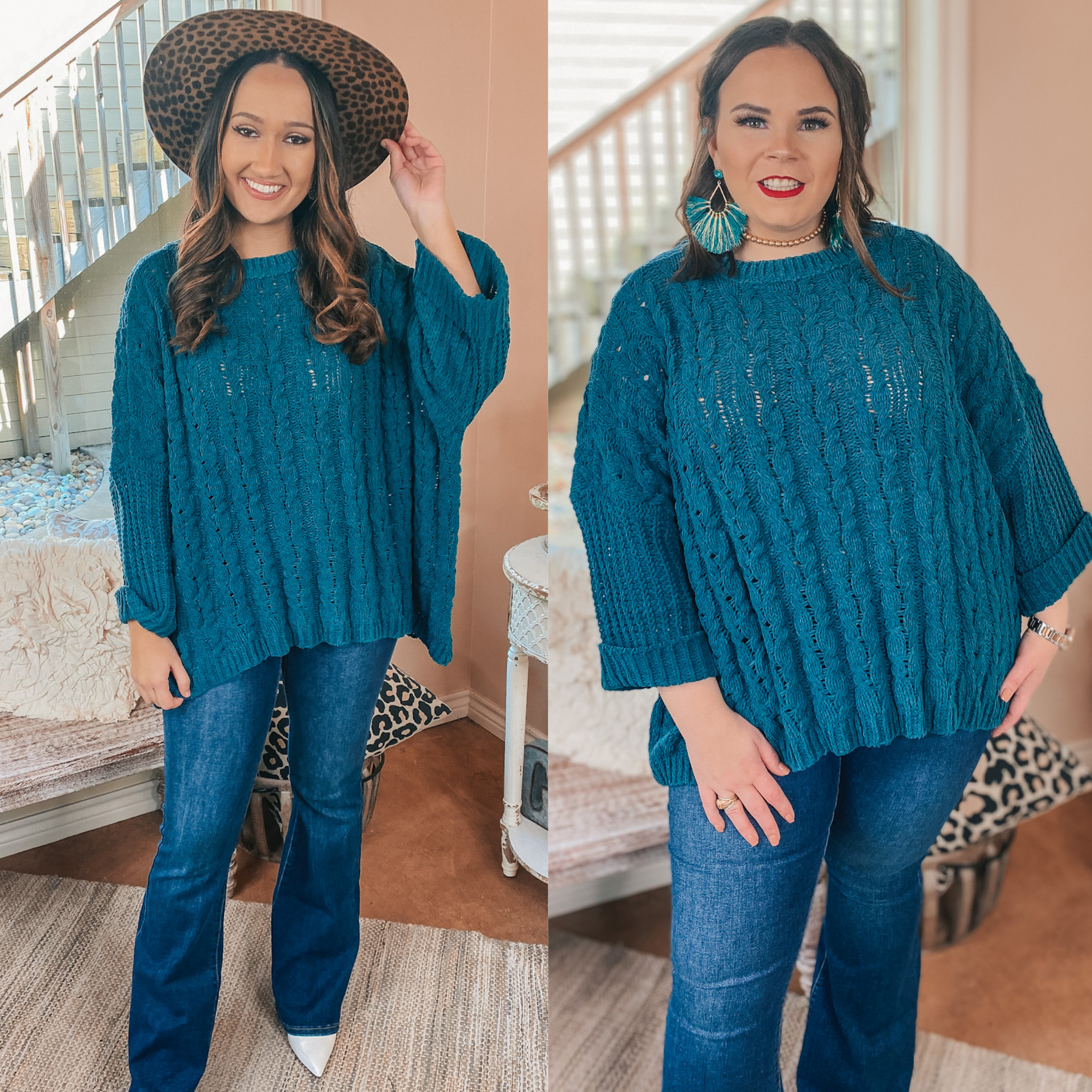 On My Level Chenille Cable Knit Pullover Sweater in Teal Green - Giddy Up Glamour Boutique