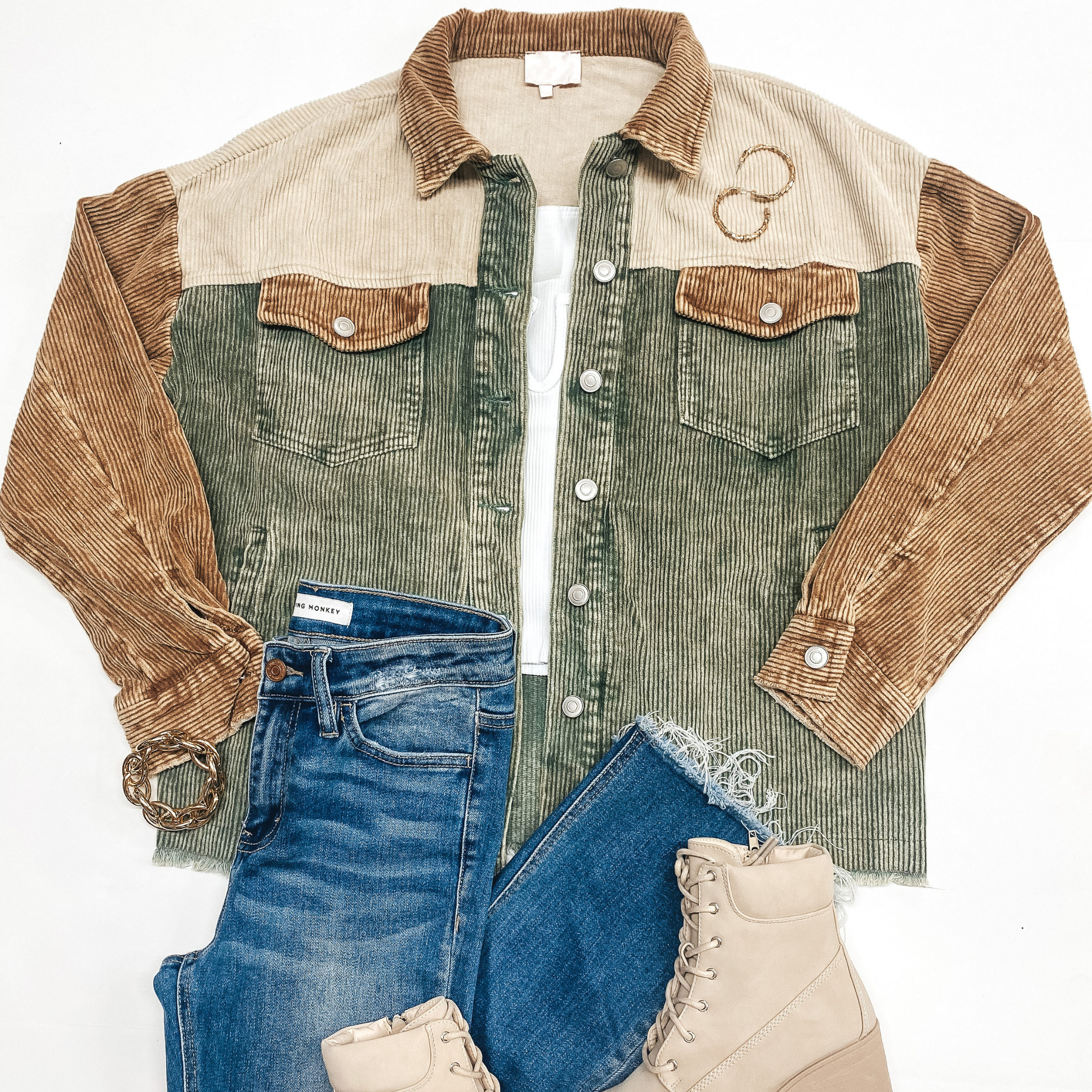 Keep The Peace Button Up Corduroy Shacket in Olive Mix - Giddy Up Glamour Boutique