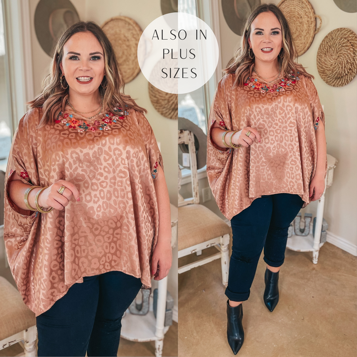 Destination Dreaming Metallic Leopard Poncho Top with Multicolor Embroidered Trim in Copper - Giddy Up Glamour Boutique