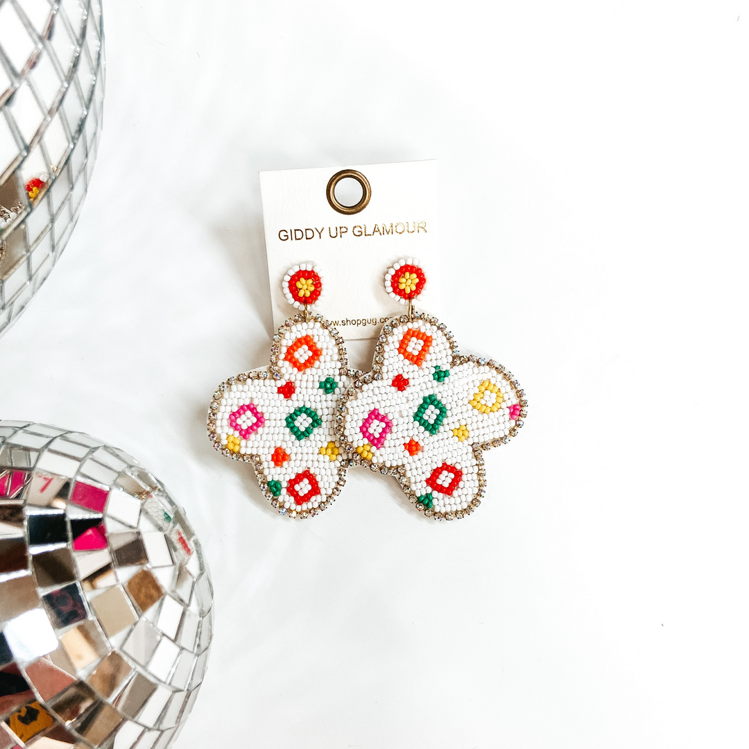 Designer Lifestyle Seedbead Quatrefoil Earrings in White - Giddy Up Glamour Boutique